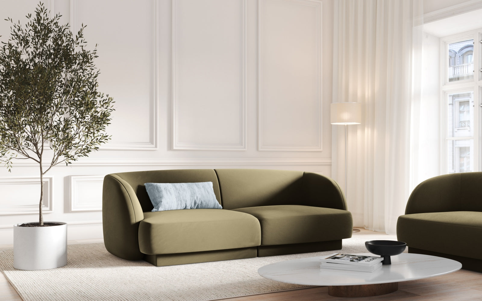 Elegantes Miley Velour Sofa 2 Sitzer in stilvollem Grün-Blau, ideal für moderne Wohnräume und gemütliche Abende.