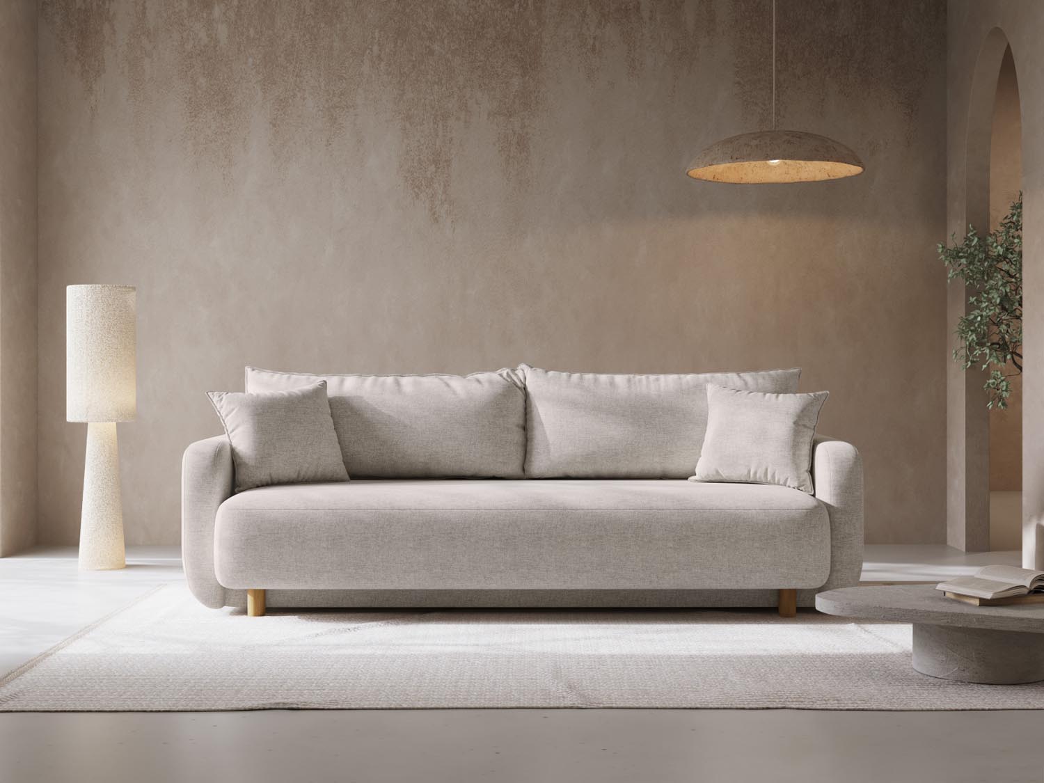 Beige 3-Sitzer Elen Sofa von Micadoni, vielseitig mit Schlaffunktion und Stauraum, ideal für modernes Wohnen.