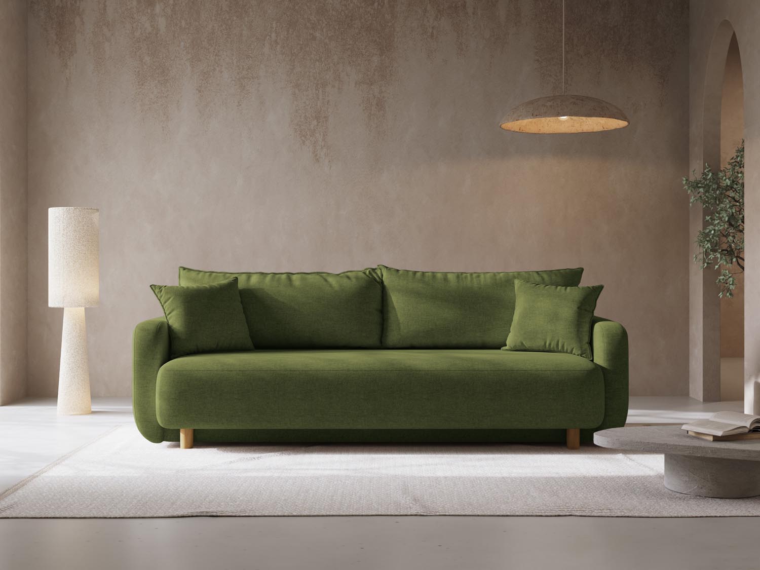 Elegantes Elen Sofa in Green-Wind, 3-Sitzer mit Schlaffunktion und Stauraum, ideal für stilvolle Wohnräume.