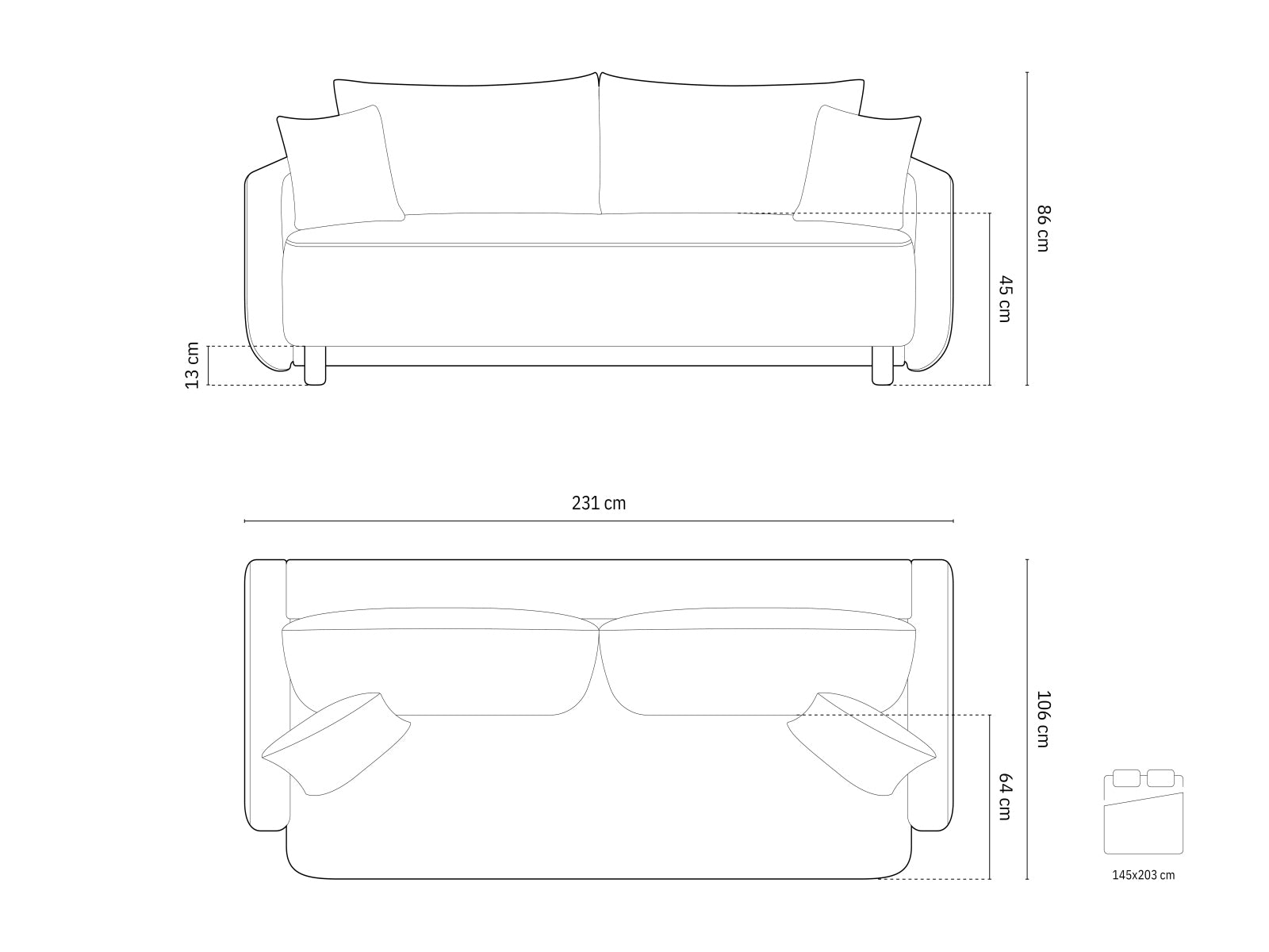 Elegantes 3-Sitzer Bettsofa Elen von Micadoni, ideal für Gästeübernachtungen und mit praktischem Stauraum für Kissen und Decken.
