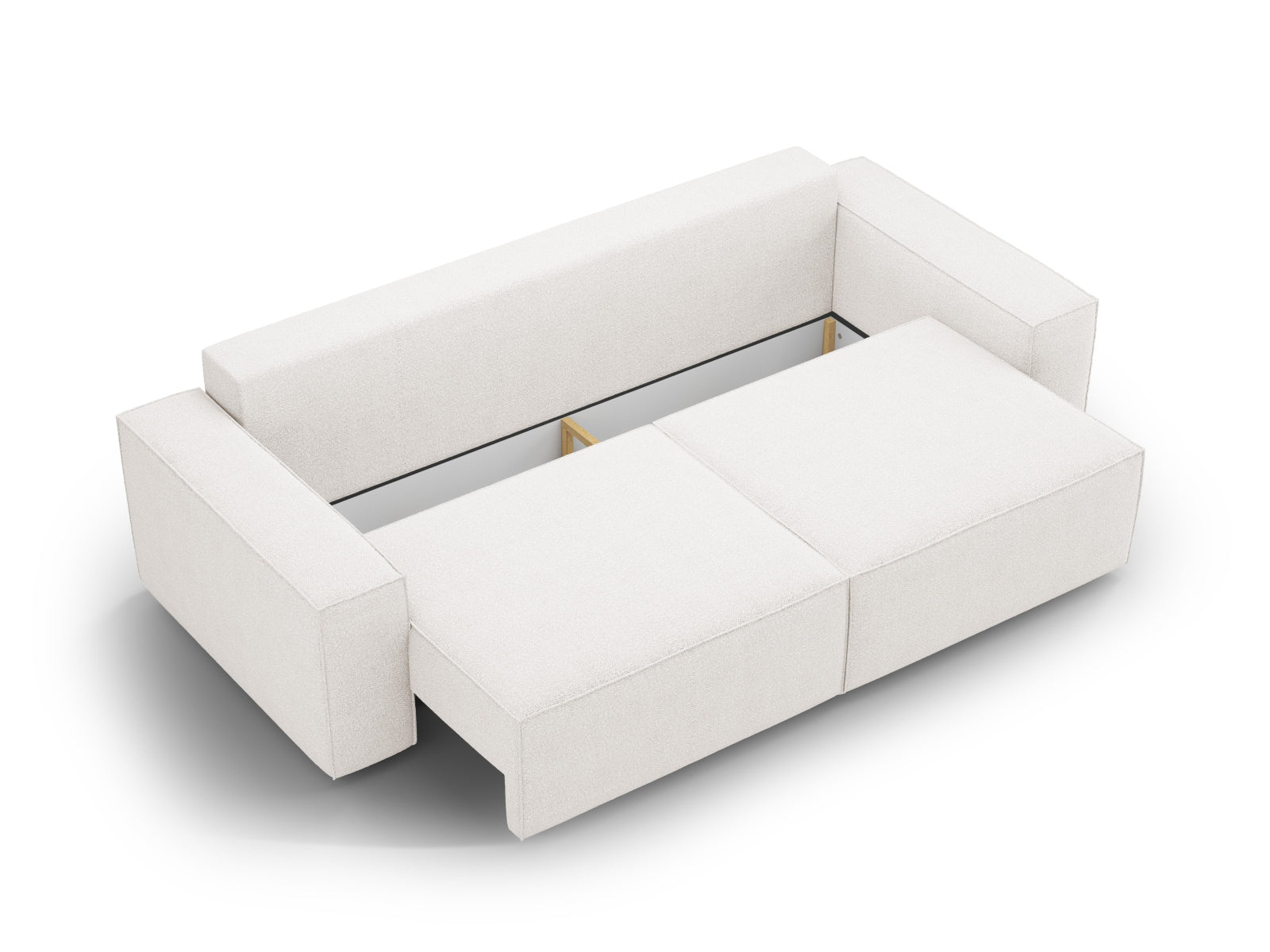 Stilvolles 3-Sitzer Sofa in Boucle-Optik, hellbeige, mit Schlaffunktion und praktischem Stauraum für vielseitige Wohnlösungen.