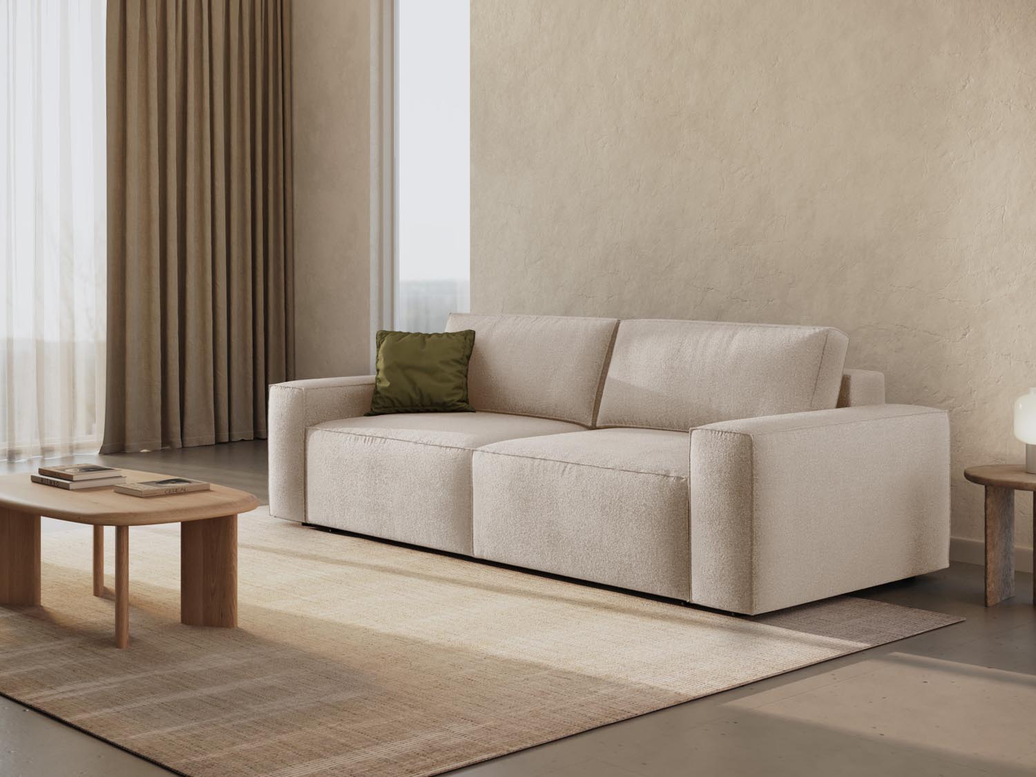 Entdecken Sie das stilvolle Jodie Boucle Sofa von Micadoni – ein 3-Sitzer mit Schlaffunktion und Stauraum für Ihr Zuhause.