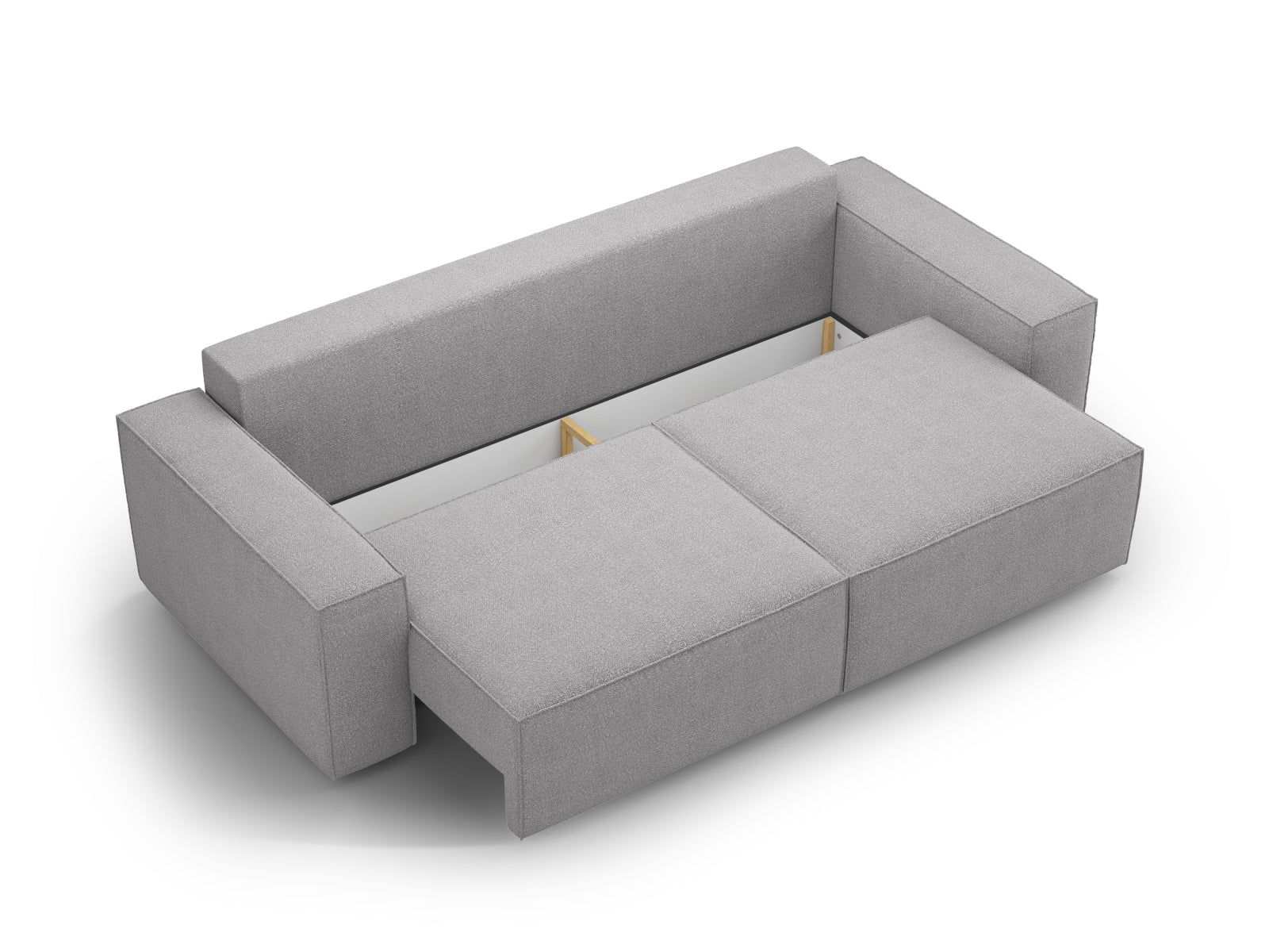 Stilvolles 3-Sitzer Boucle Sofa in sanftem Grau, perfekt für moderne Wohnräume, mit praktischer Schlaffunktion und Stauraum für zusätzlichen Komfort.