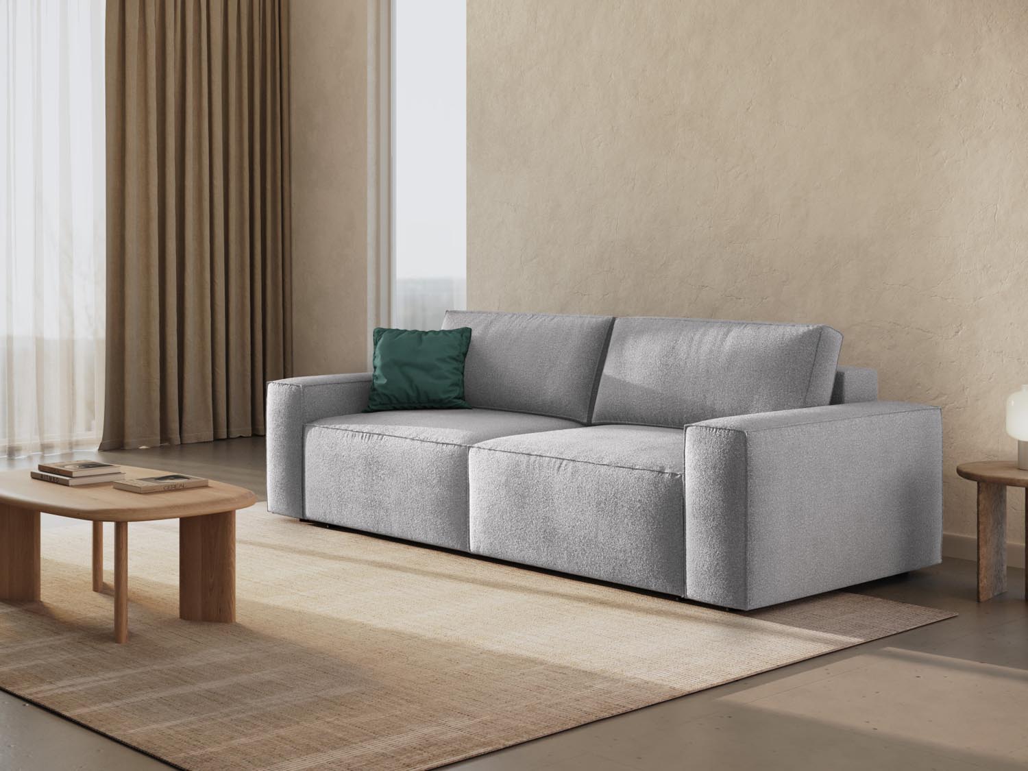 Elegantes Jodie Boucle Sofa in Hellgrau, 3-Sitzer mit Schlaffunktion und Stauraum, ideal für stilvolle Wohnräume.