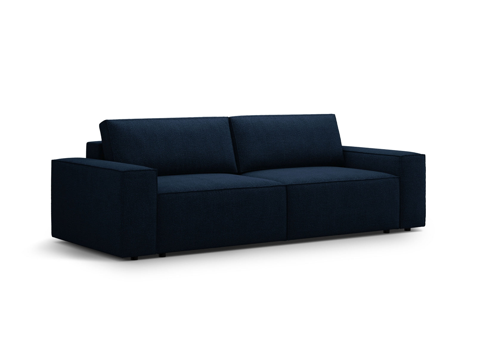Stilvolles 3-Sitzer Boucle Sofa Jodie in Dunkelblau, multifunktional mit Schlaffunktion und praktischem Stauraum für moderne Wohnkonzepte.