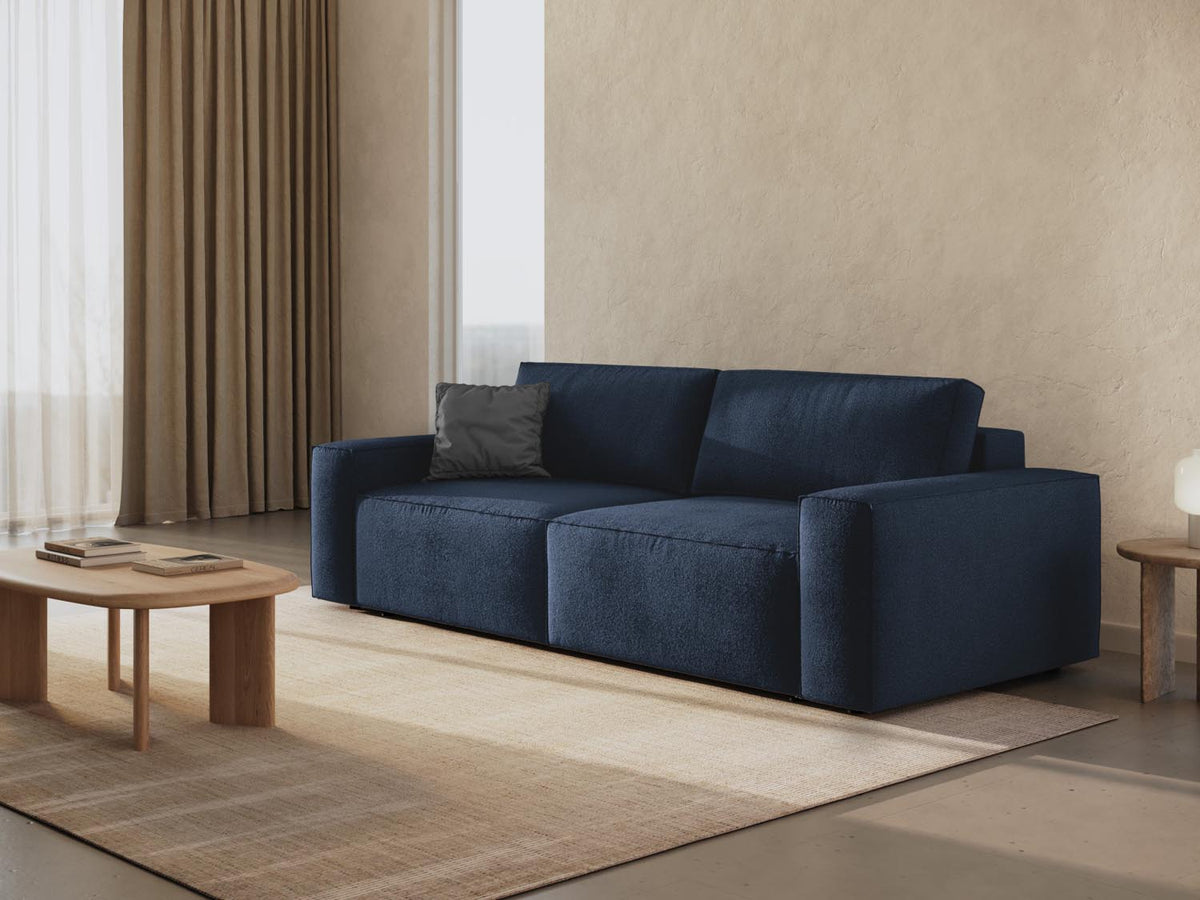 Jodie Boucle Sofa mit Schlaffunktion und Stauraumbox 3 Sitzer in Dark Blue-Baloo präsentiert im Onlineshop von KAQTU Design AG. Bettsofa ist von Micadoni