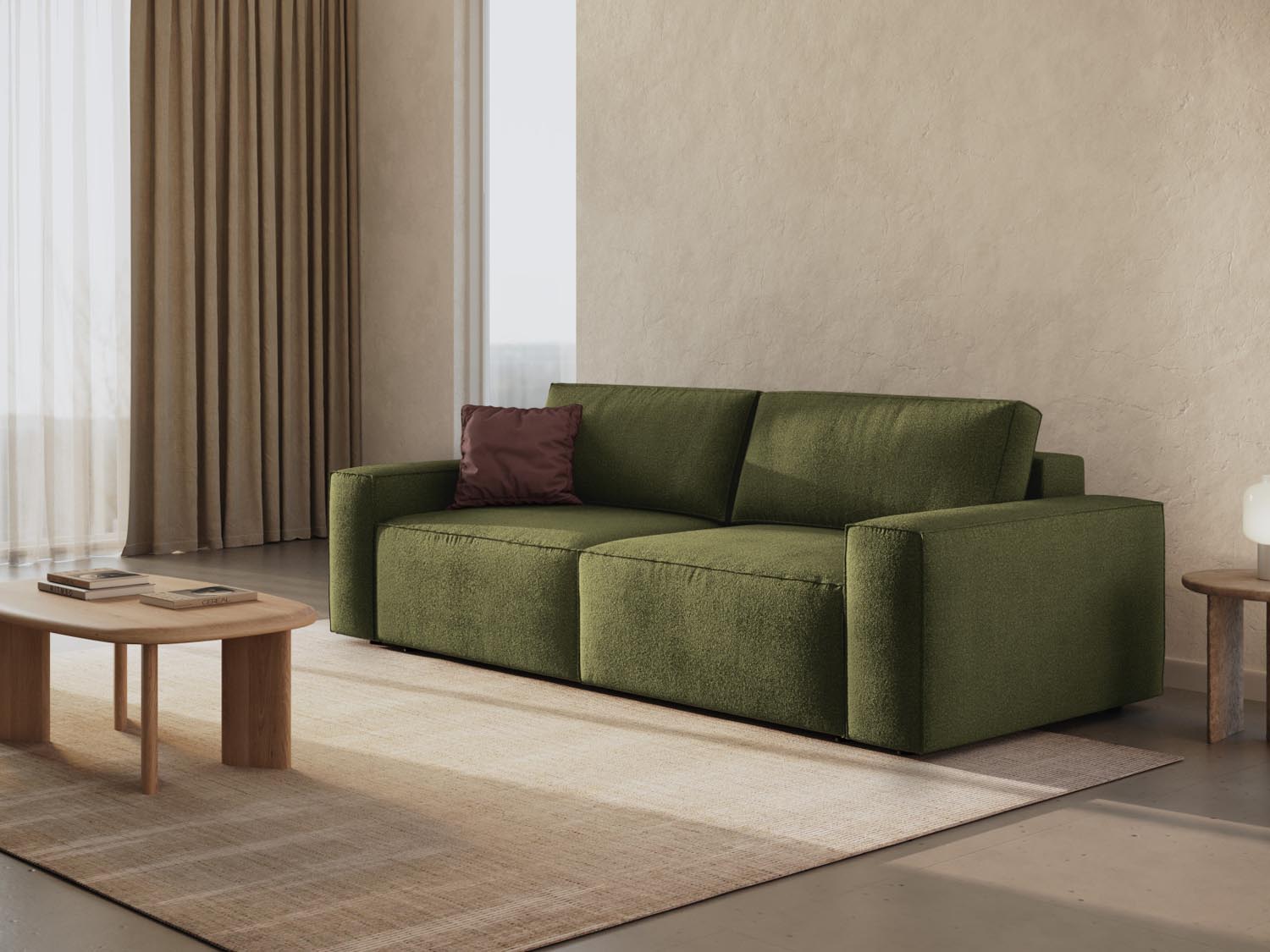 Elegantes Jodie Boucle Sofa in Dunkeloliv mit Schlaffunktion und Stauraum, ideal für stilvolle Wohnräume und Gästeübernachtungen.