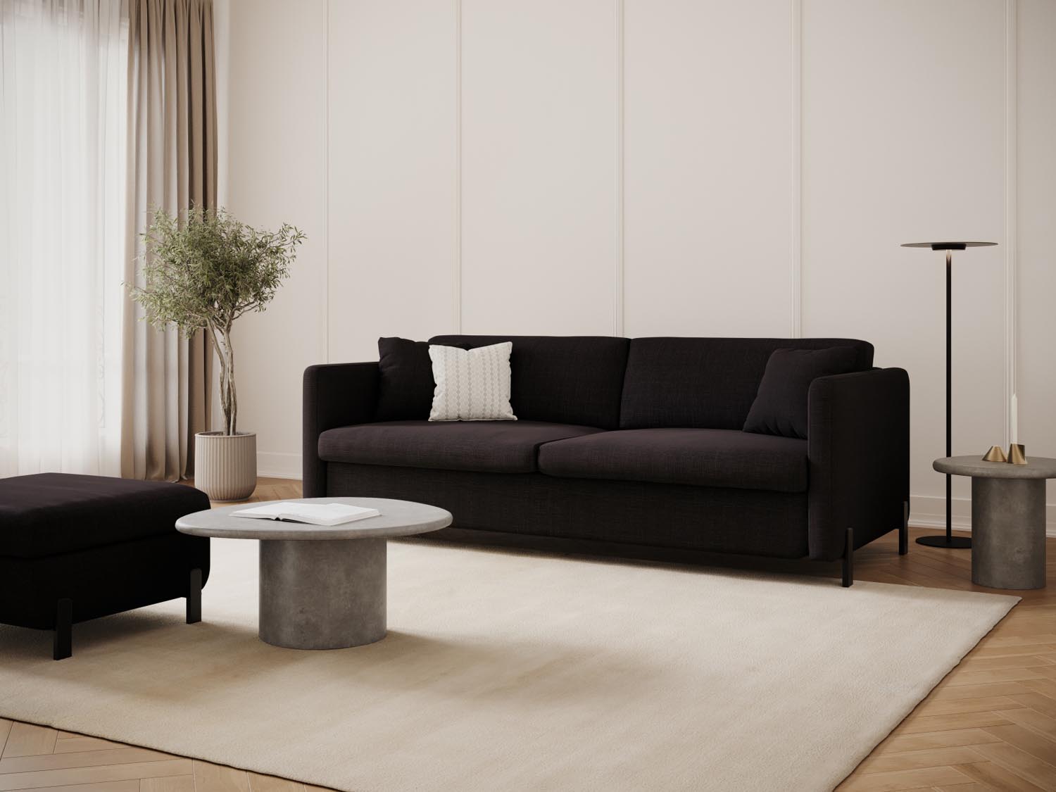 Elegantes 3-Sitzer Sofa Gloria in Dunkelgrau mit Schlaffunktion, ideal für stilvolle Wohnräume und gemütliche Nächte.
