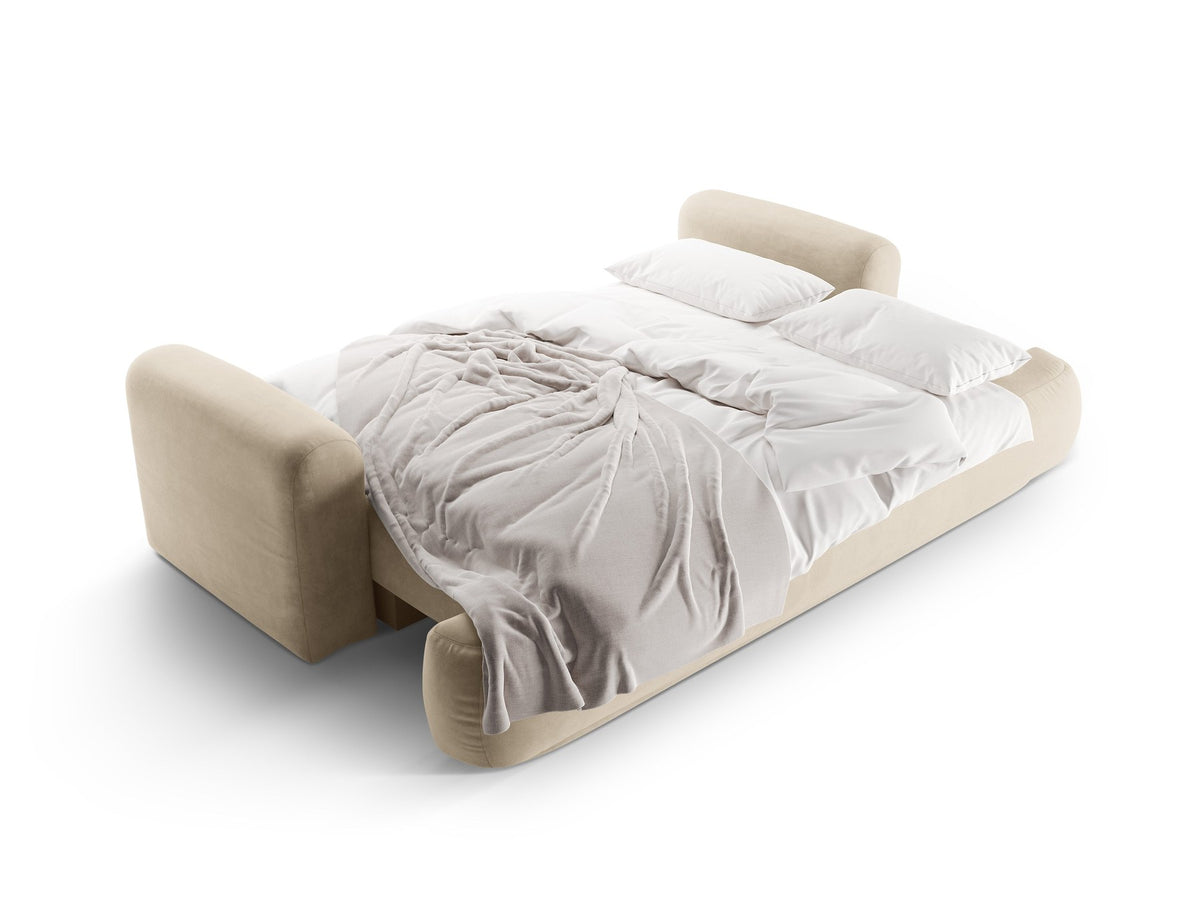 Beiges 3er Sofa Ella von Micadoni mit Veloursstoff-Bezug, ausklappbarer Bettfunktion, Stauraumbox und schwarzen Kunststoffbeinen.