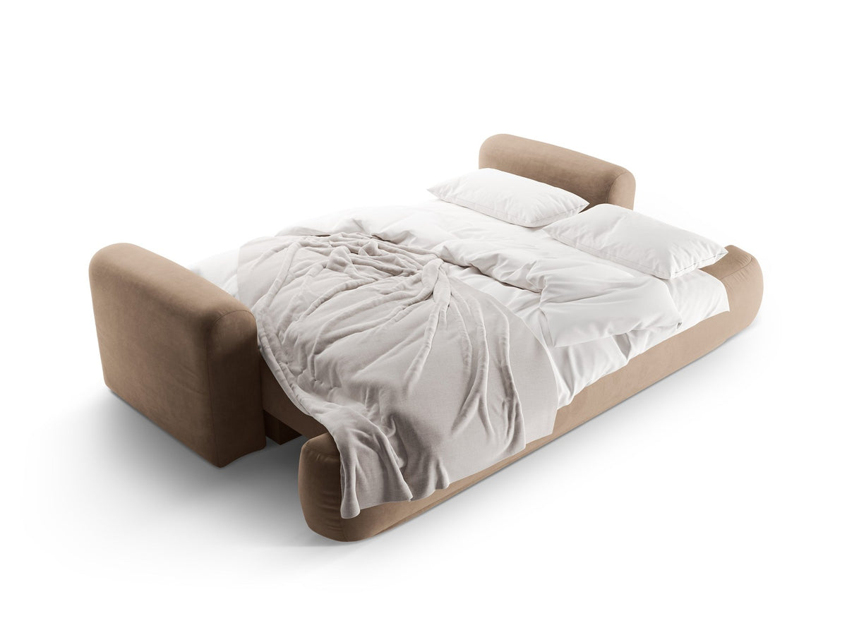 Beiges 3er Sofa Ella von Micadoni mit Veloursstoff-Bezug, ausklappbarer Bettfunktion, Stauraumbox und schwarzen Kunststoffbeinen.