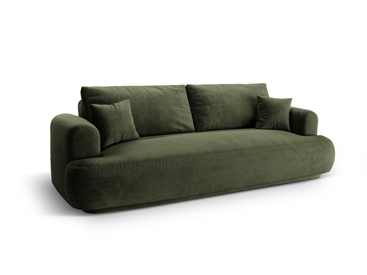 Beiges 3er Sofa Ella von Micadoni mit Veloursstoff-Bezug, ausklappbarer Bettfunktion, Stauraumbox und schwarzen Kunststoffbeinen.