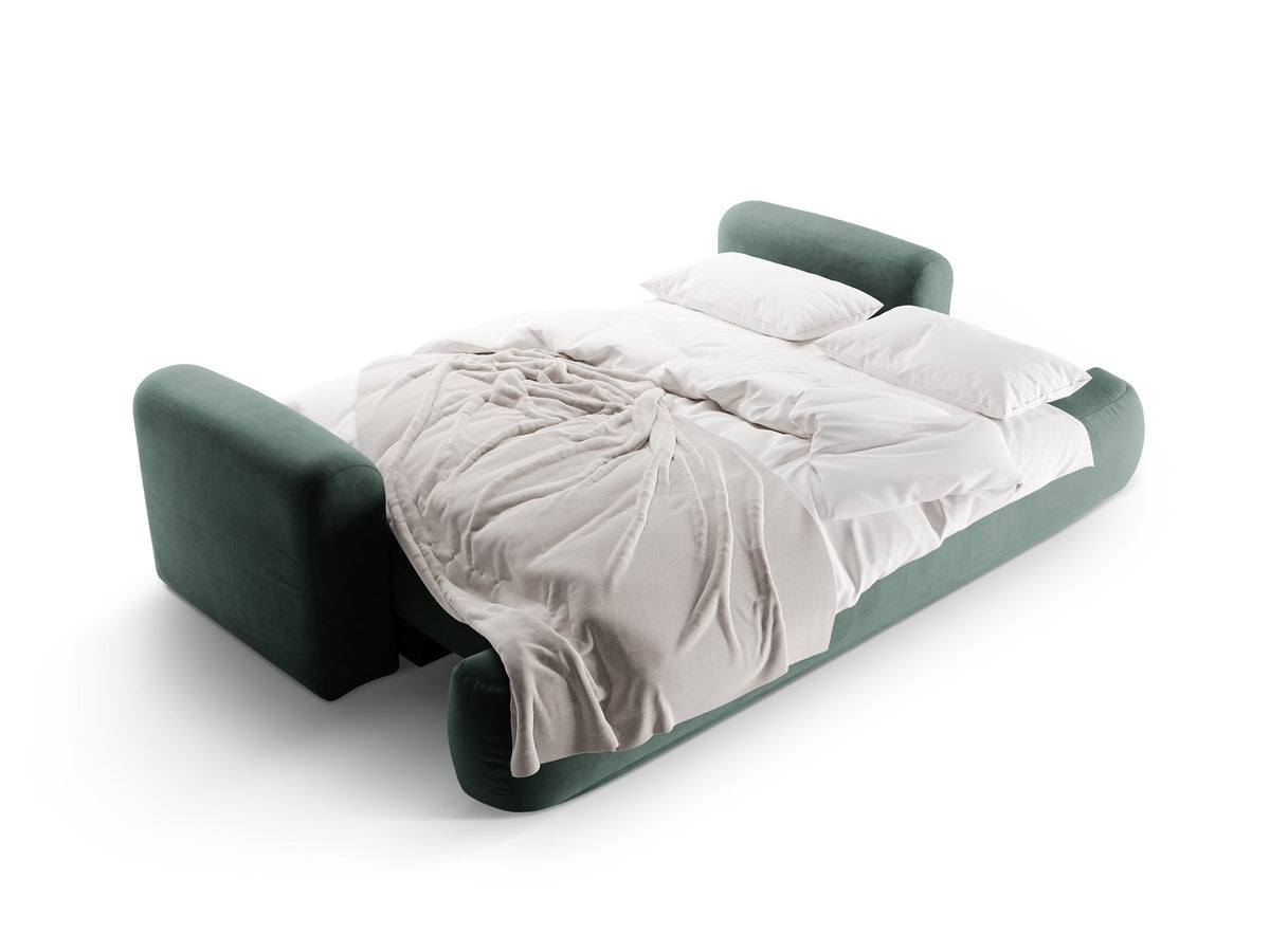 Beiges 3er Sofa Ella von Micadoni mit Veloursstoff-Bezug, ausklappbarer Bettfunktion, Stauraumbox und schwarzen Kunststoffbeinen.