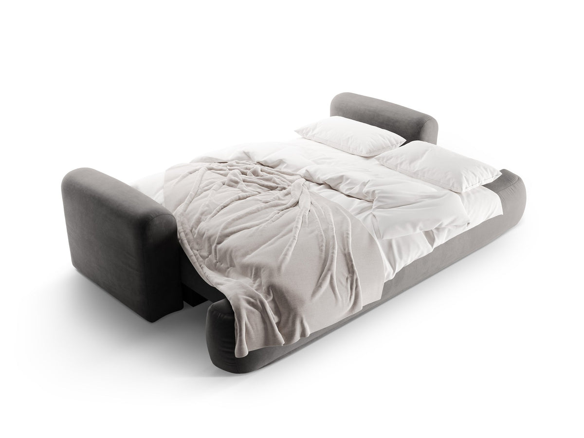 Beiges 3er Sofa Ella von Micadoni mit Veloursstoff-Bezug, ausklappbarer Bettfunktion, Stauraumbox und schwarzen Kunststoffbeinen.