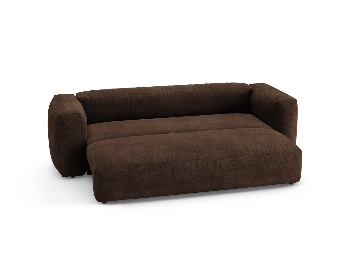 Martina 3er Sofa mit Bettfunktion in Schokolade, Veloursstoff-Bezug, schwarze Kunststoffbeine, moderne klare Form im Wohnzimmer.
