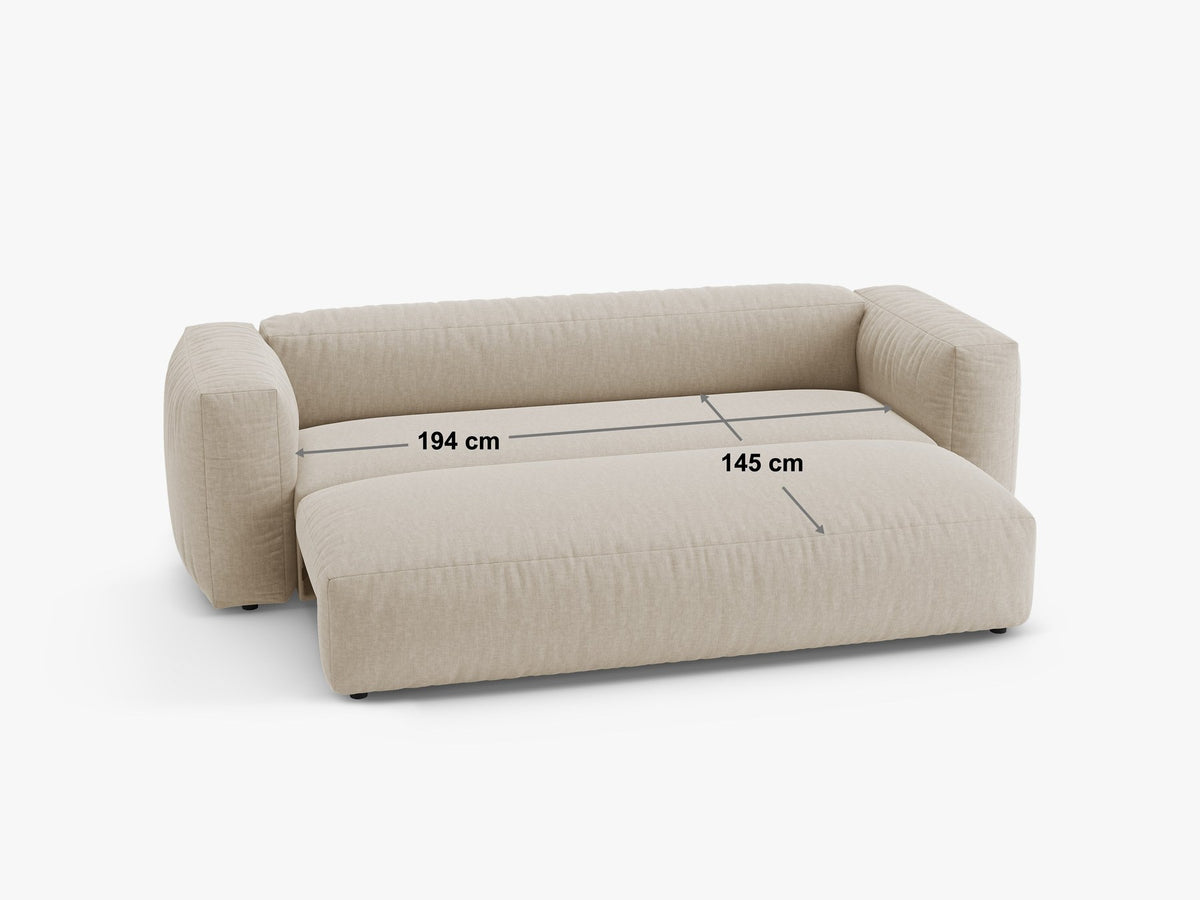 Martina 3er Sofa mit Bettfunktion in Schokolade, Veloursstoff-Bezug, schwarze Kunststoffbeine, moderne klare Form im Wohnzimmer.