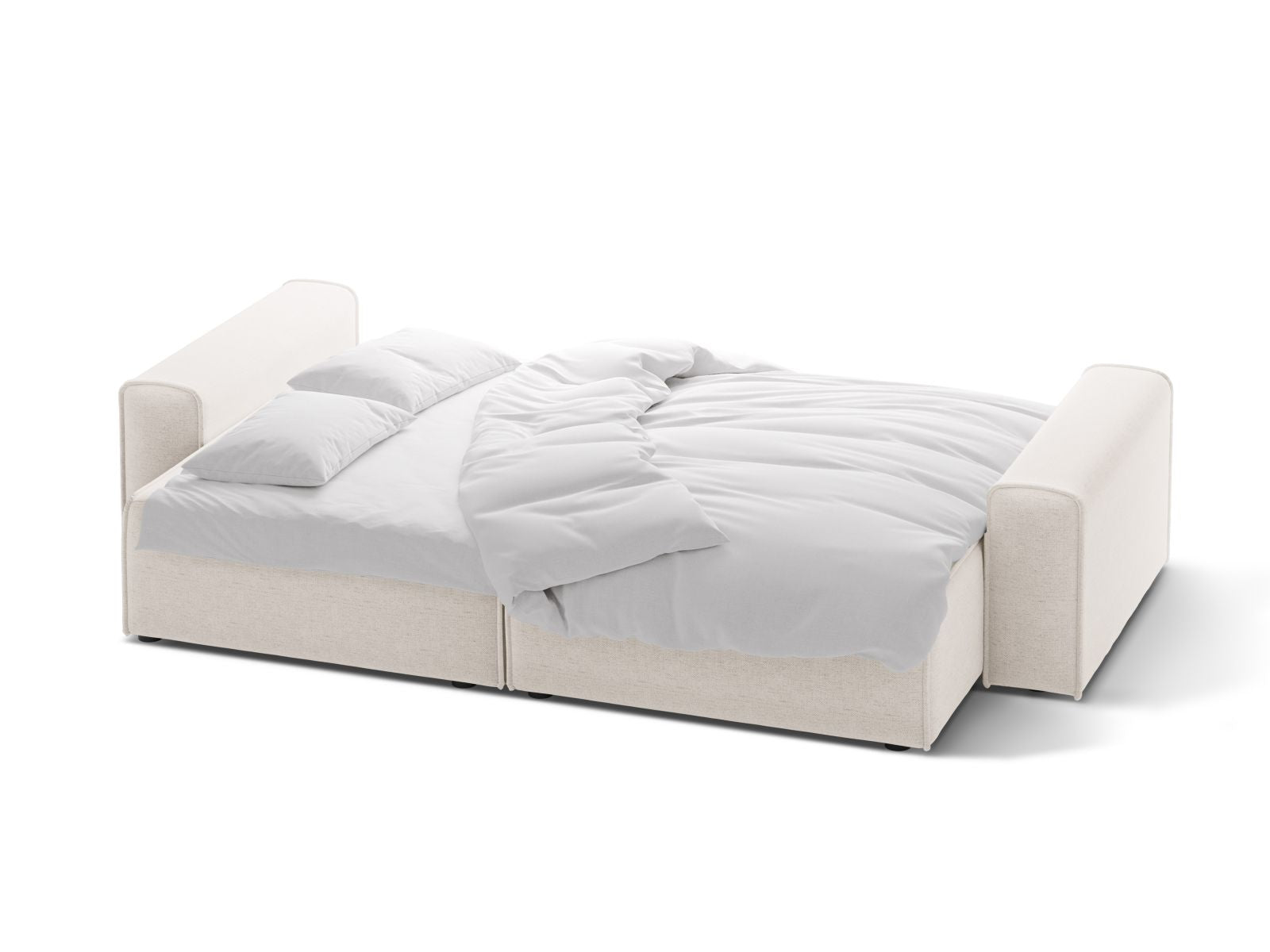Modernes 3-Sitzer Sofa Victor in sanftem Beige, vielseitig einsetzbar als Schlafsofa mit cleverem Stauraum für zusätzlichen Komfort.