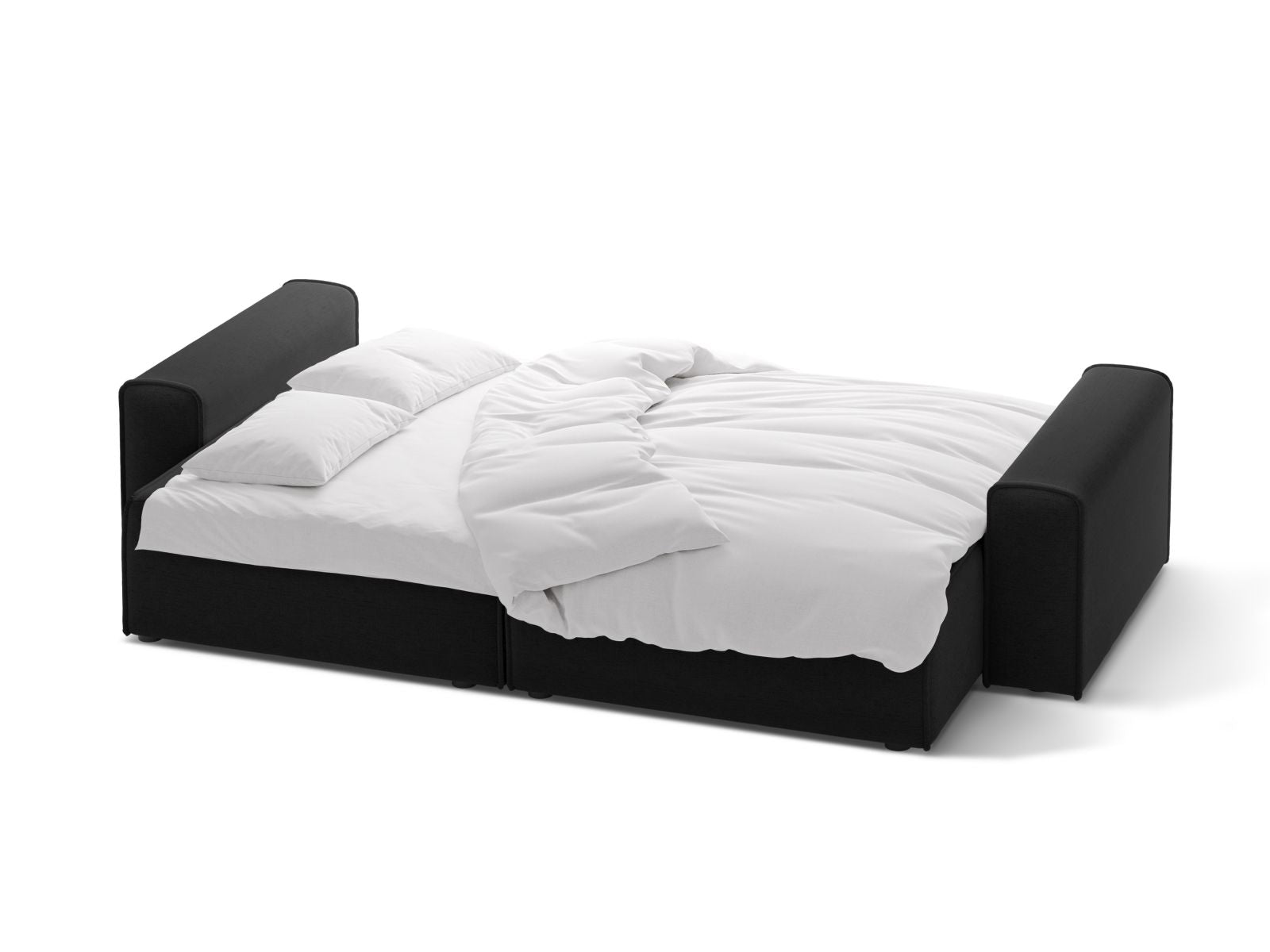 Modernes 3-Sitzer Sofa Victor in stilvollem Schwarz, ausgestattet mit einer komfortablen Schlaffunktion und cleverem Stauraum für mehr Ordnung.