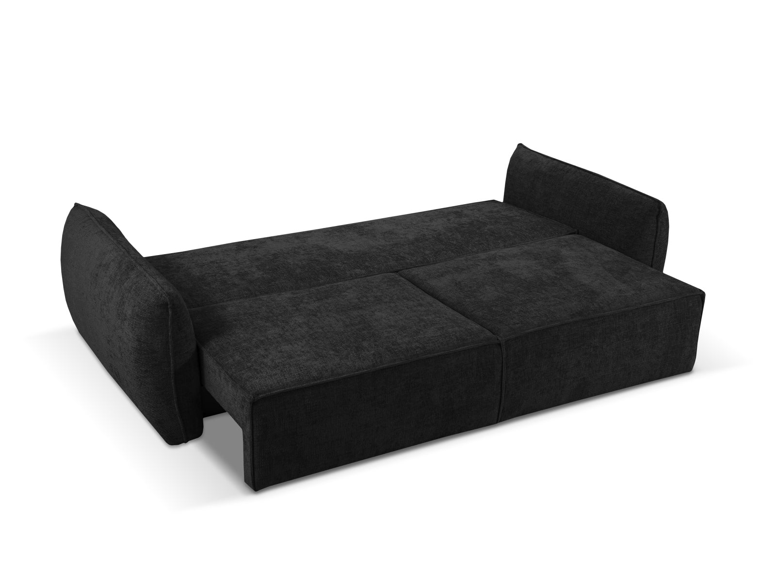 Modernes 3-Sitzer Sofa Kaelle in Schwarz, vielseitig einsetzbar mit Schlaffunktion und praktischem Stauraum für zusätzlichen Komfort.