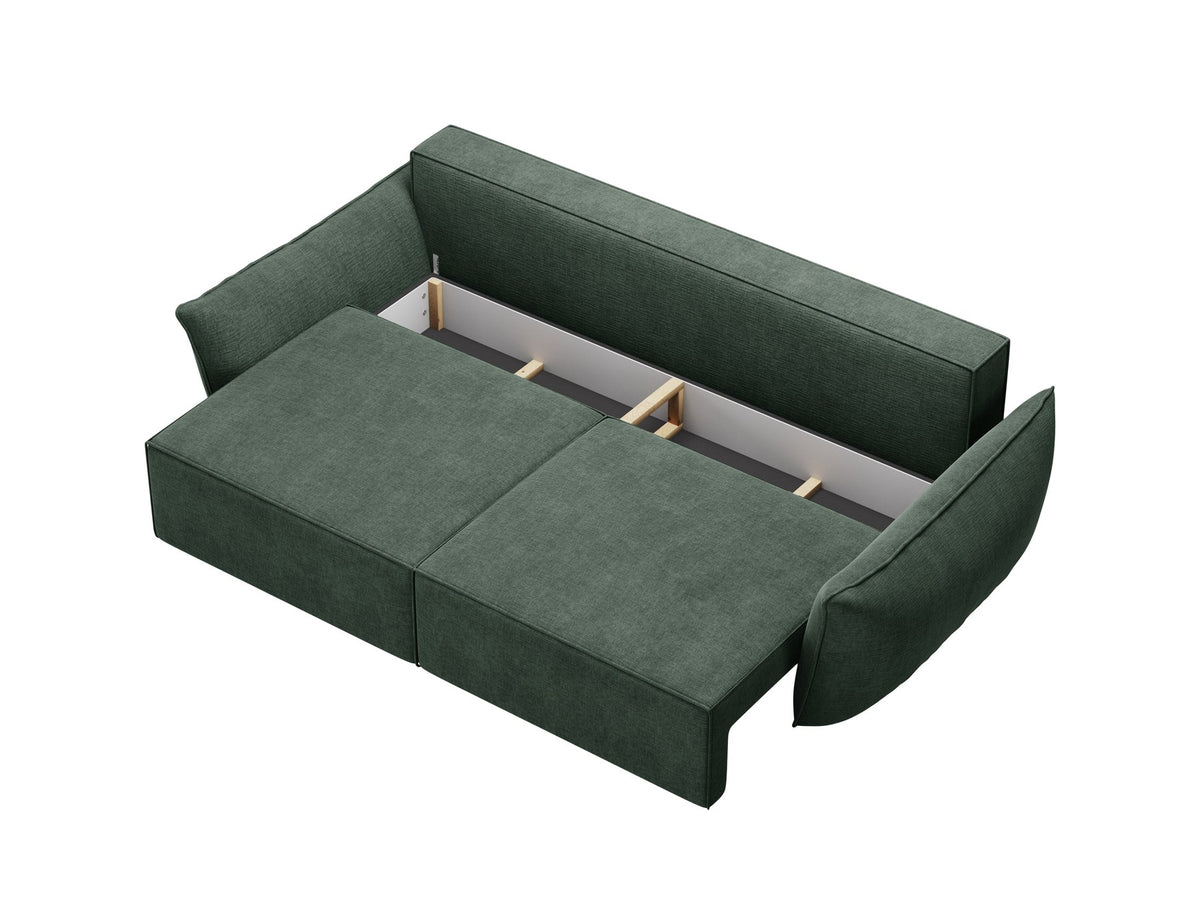 3-Sitzer Sofa Kaelle von Micadoni in leichtem Beige mit Chenille-Bezug, Bettkasten und schwarzen Kunststoffbeinen, Frontalansicht.