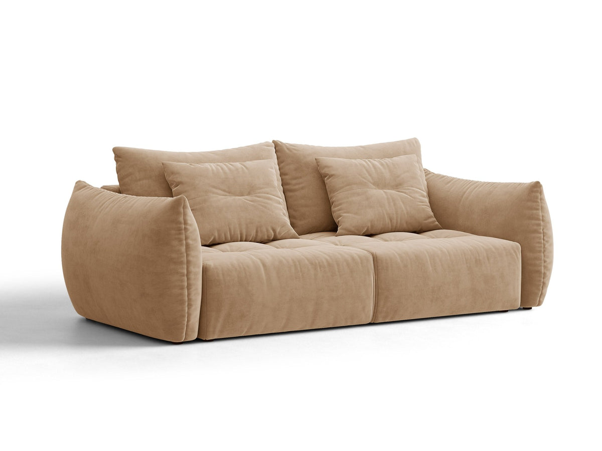 Beiges 3er Sofa Bloom von Micadoni aus samtigem Casino-Stoff mit schwarzen Kunststoffbeinen, ausklappbarer Bettfunktion und Stauraumfach.