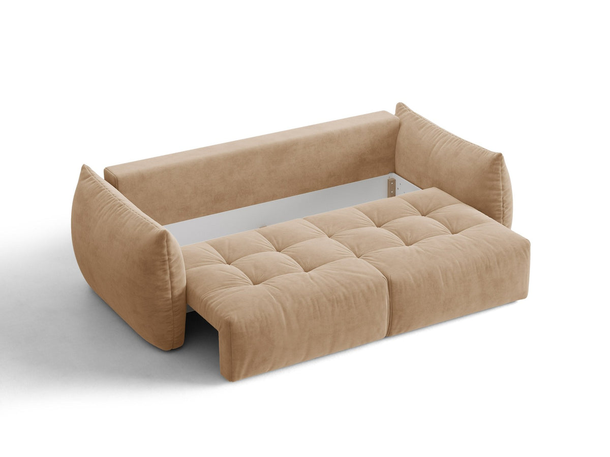 Beiges 3er Sofa Bloom von Micadoni aus samtigem Casino-Stoff mit schwarzen Kunststoffbeinen, ausklappbarer Bettfunktion und Stauraumfach.