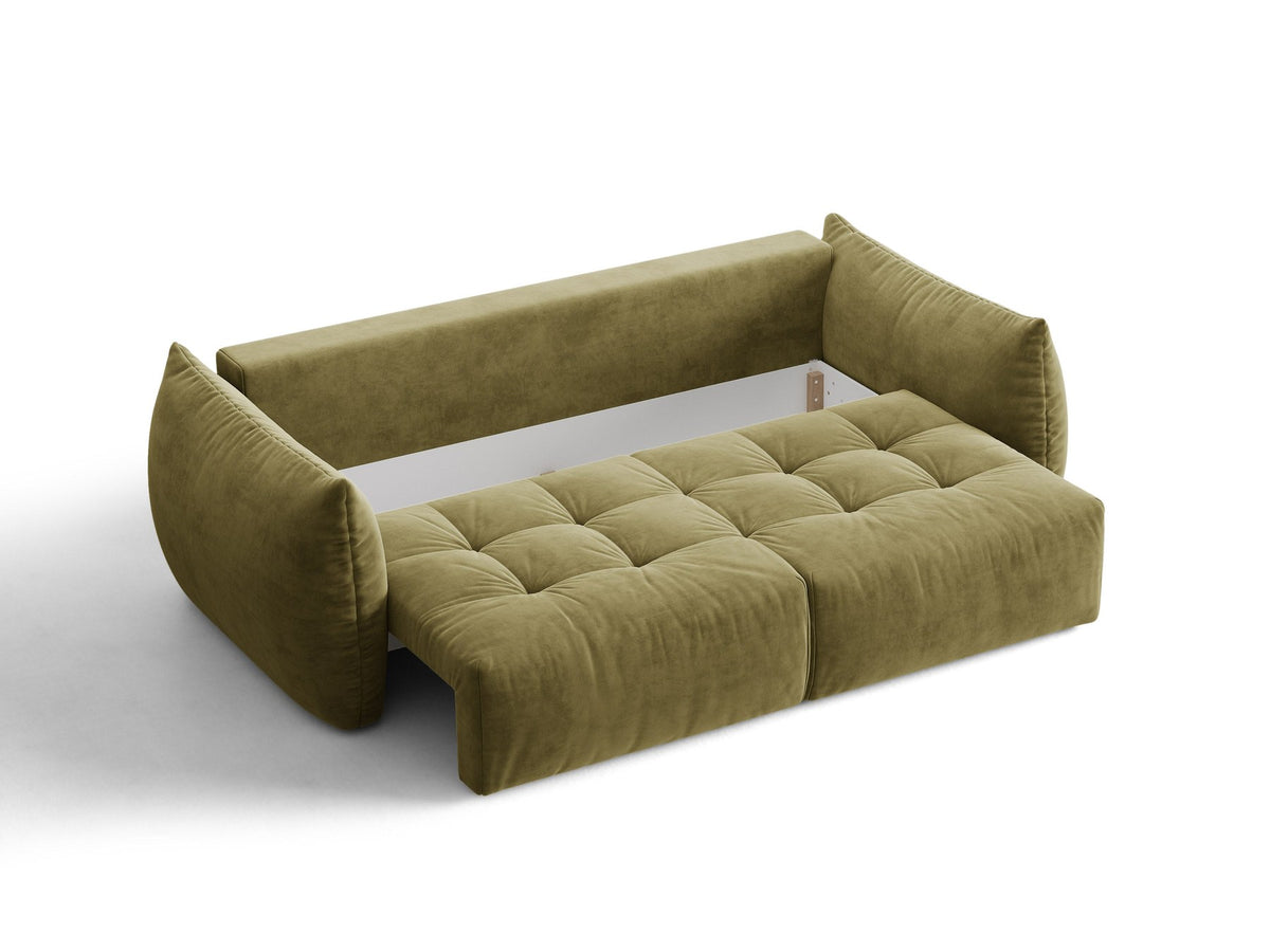 Beiges 3er Sofa Bloom von Micadoni aus samtigem Casino-Stoff mit schwarzen Kunststoffbeinen, ausklappbarer Bettfunktion und Stauraumfach.