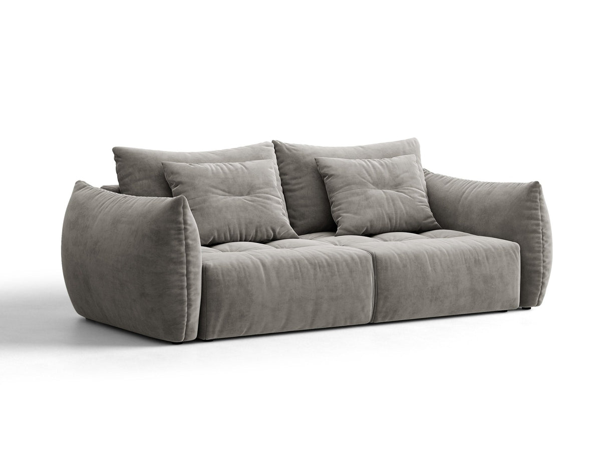 Beiges 3er Sofa Bloom von Micadoni aus samtigem Casino-Stoff mit schwarzen Kunststoffbeinen, ausklappbarer Bettfunktion und Stauraumfach.