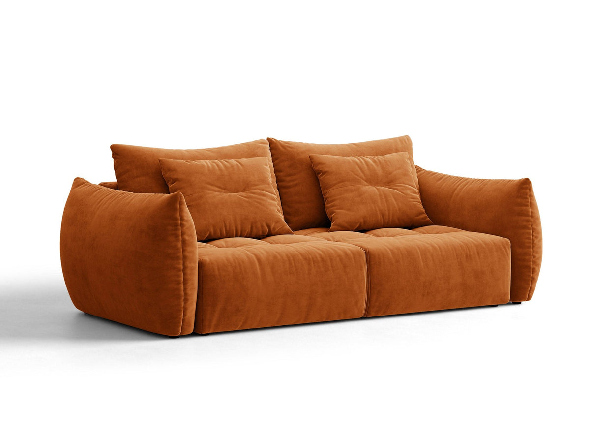 Beiges 3er Sofa Bloom von Micadoni aus samtigem Casino-Stoff mit schwarzen Kunststoffbeinen, ausklappbarer Bettfunktion und Stauraumfach.