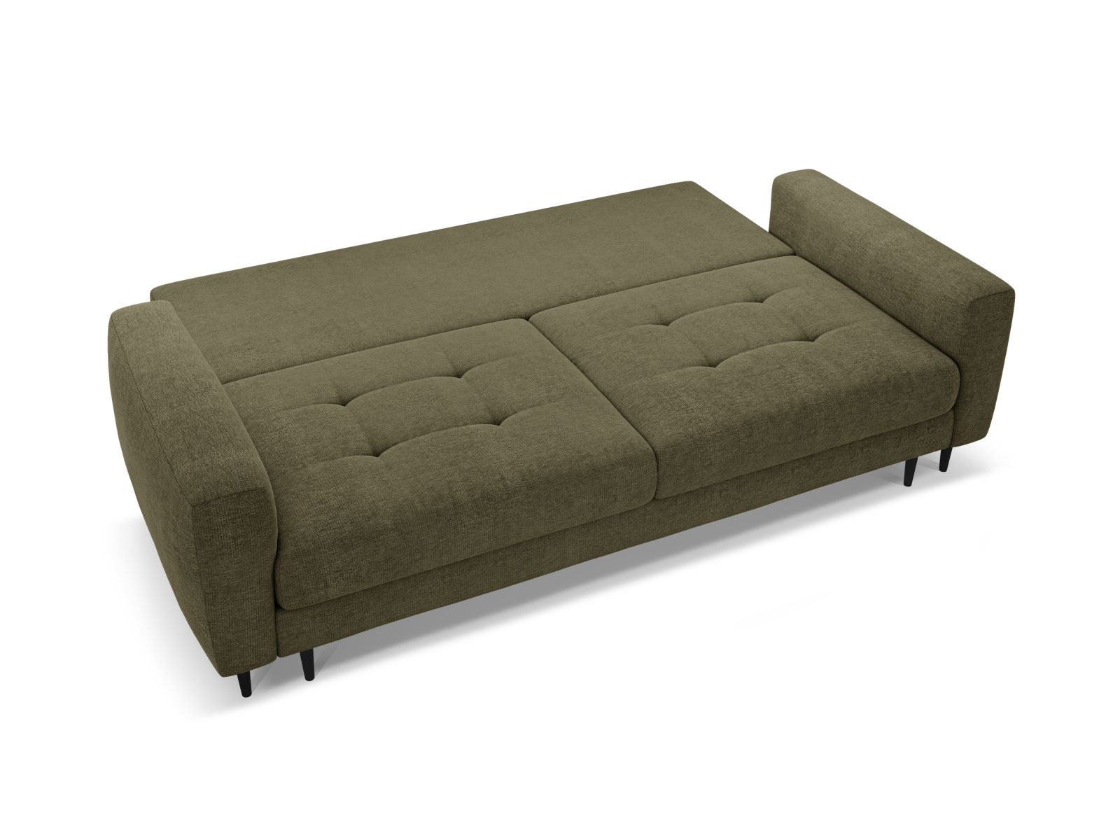 Elegantes 3-Sitzer Sofa Bemy in Dunkeloliv, ideal für Gästeübernachtungen und mit praktischem Stauraum für eine ordentliche Wohnumgebung.