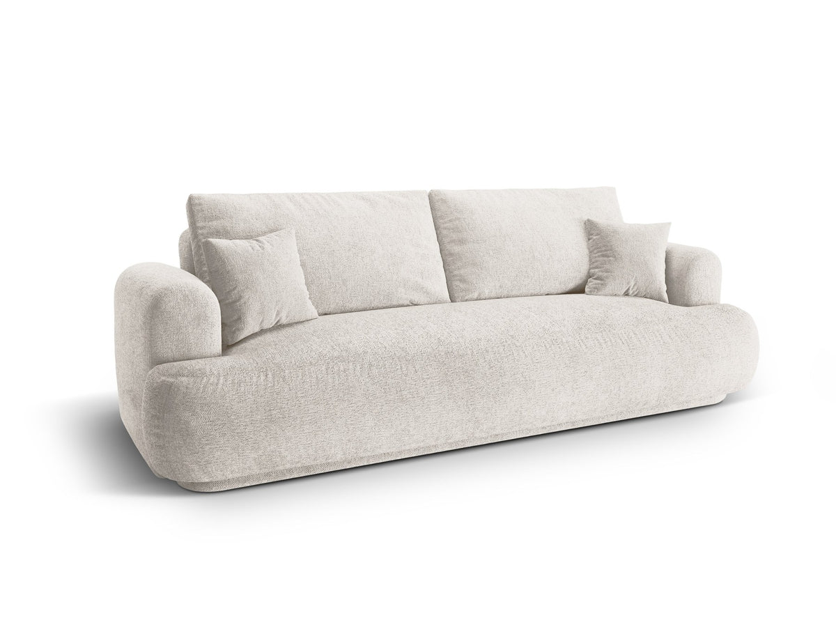 Beiges 3er Sofa Ella von Micadoni mit Veloursstoff-Bezug, ausklappbarer Bettfunktion, Stauraumbox und schwarzen Kunststoffbeinen.