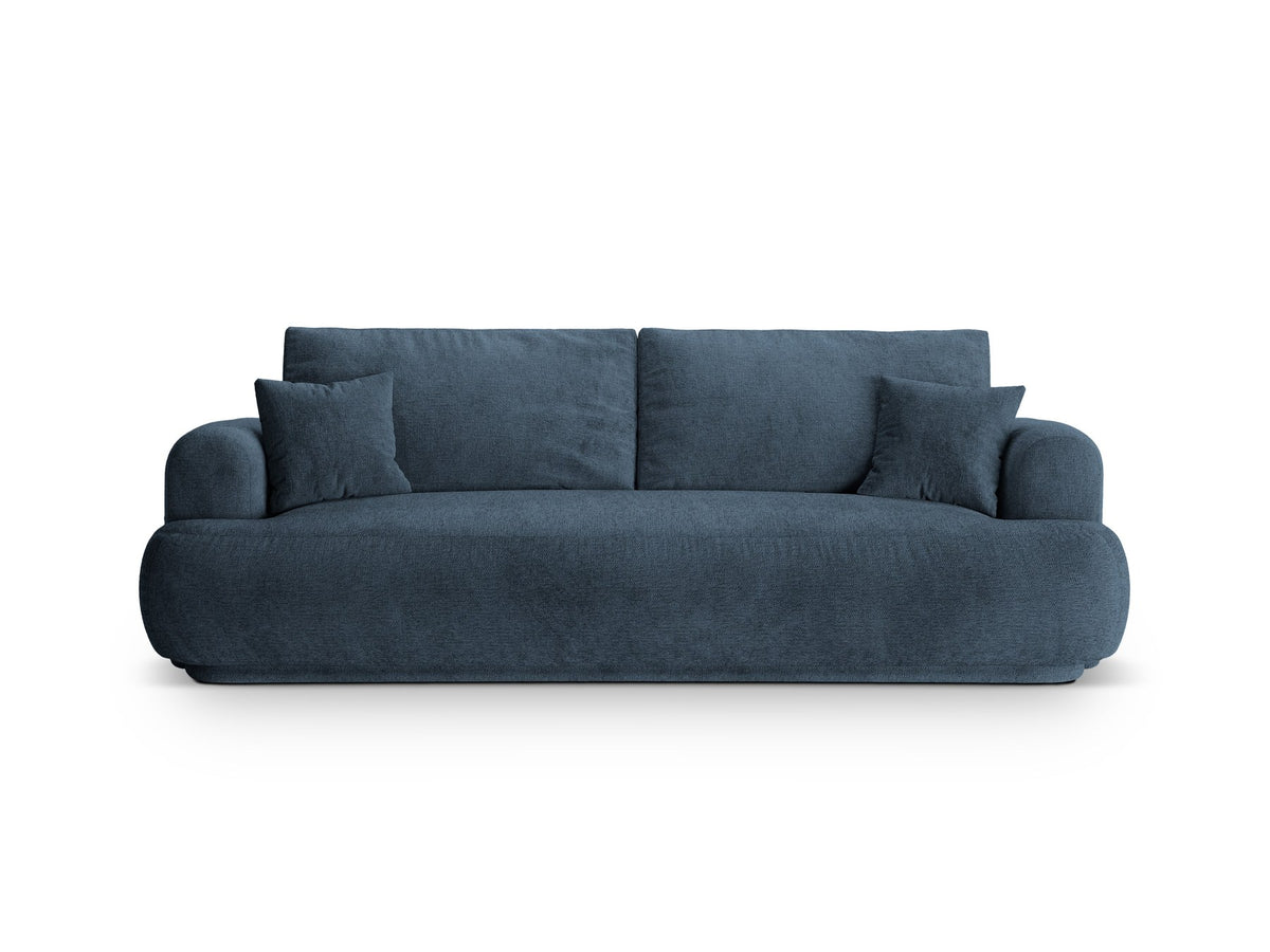 Beiges 3er Sofa Ella von Micadoni mit Veloursstoff-Bezug, ausklappbarer Bettfunktion, Stauraumbox und schwarzen Kunststoffbeinen.