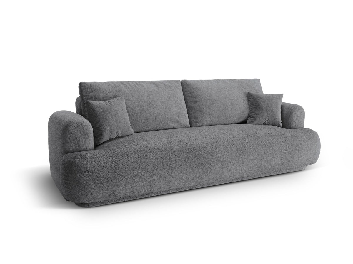 Beiges 3er Sofa Ella von Micadoni mit Veloursstoff-Bezug, ausklappbarer Bettfunktion, Stauraumbox und schwarzen Kunststoffbeinen.