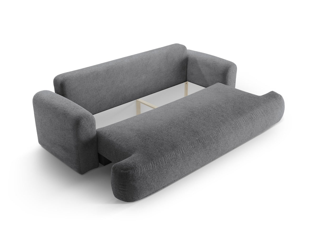 Beiges 3er Sofa Ella von Micadoni mit Veloursstoff-Bezug, ausklappbarer Bettfunktion, Stauraumbox und schwarzen Kunststoffbeinen.