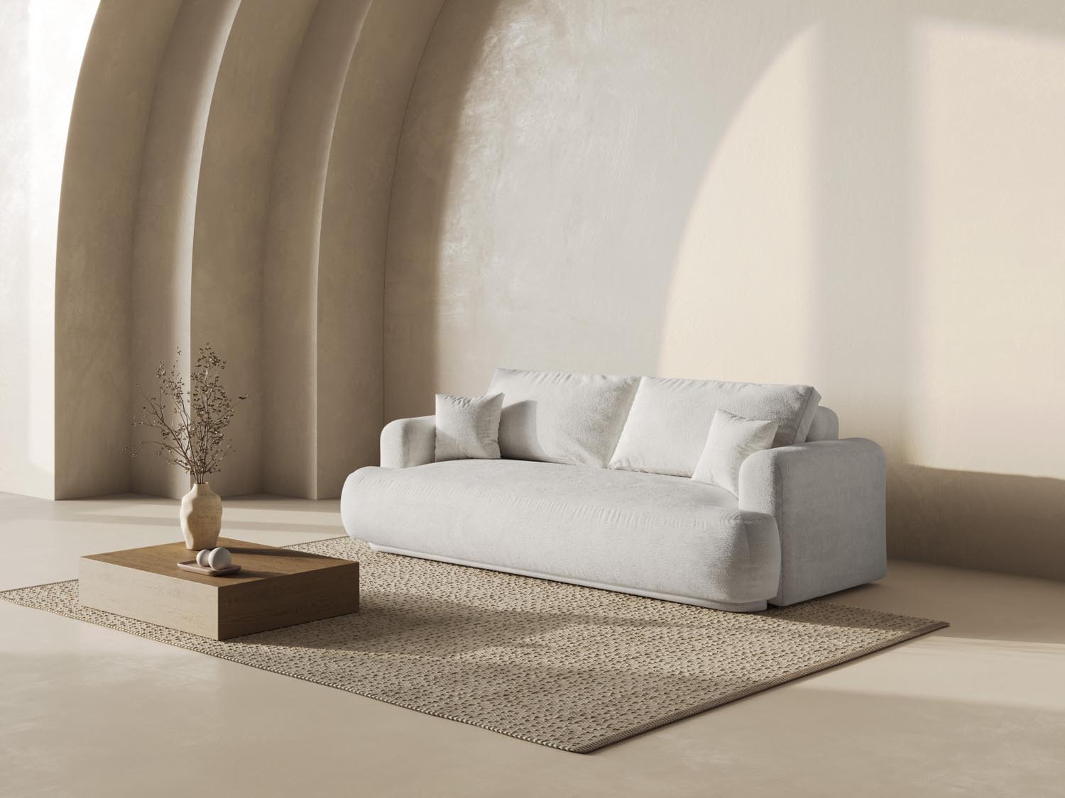 Erleben Sie das Ella Boucle Sofa von Micadoni: stilvolles 3-Sitzer Sofa mit Schlaffunktion und praktischem Stauraum für Ihr Zuhause.