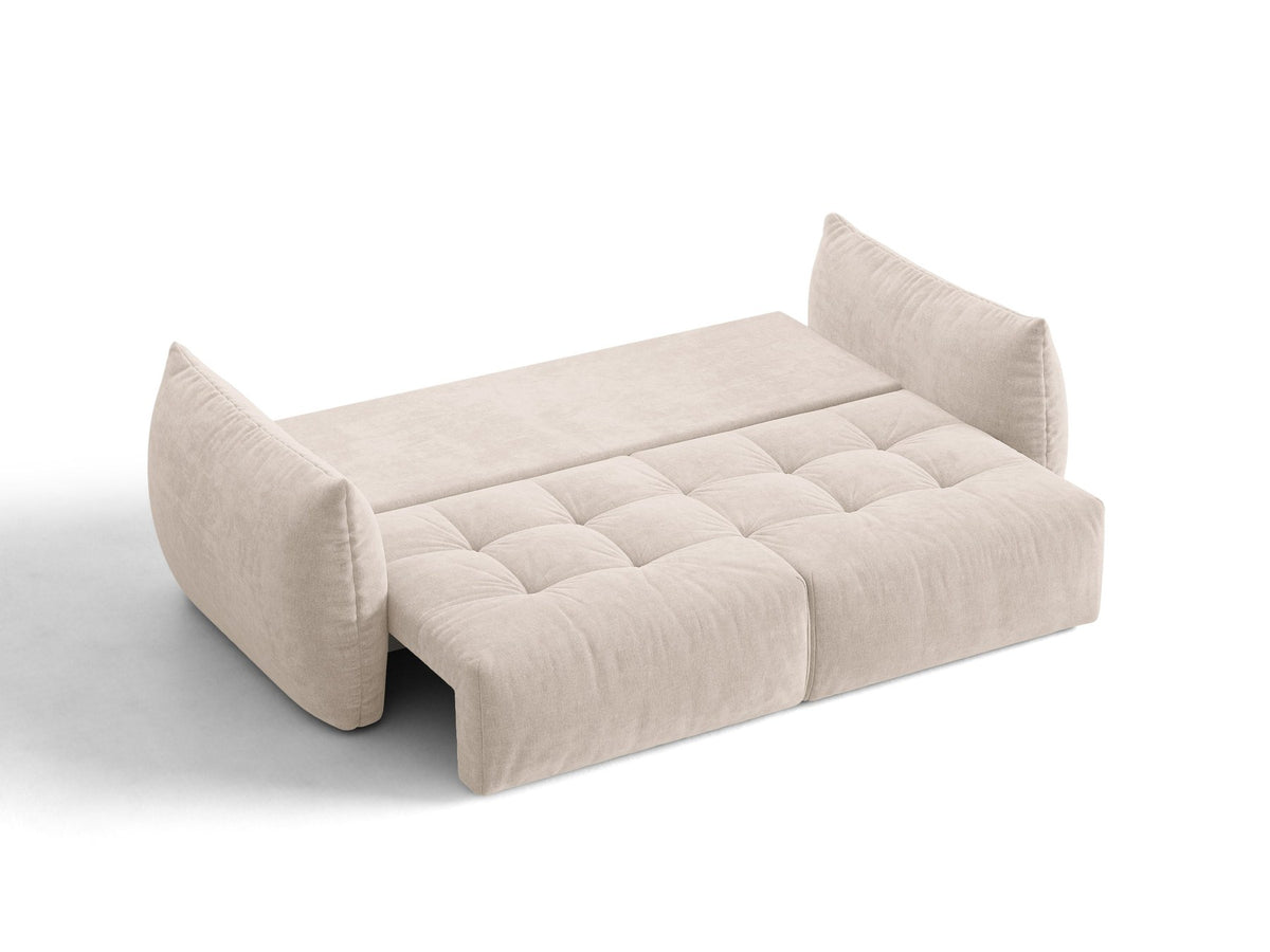 Beiges 3er Sofa Bloom von Micadoni aus samtigem Casino-Stoff mit schwarzen Kunststoffbeinen, ausklappbarer Bettfunktion und Stauraumfach.