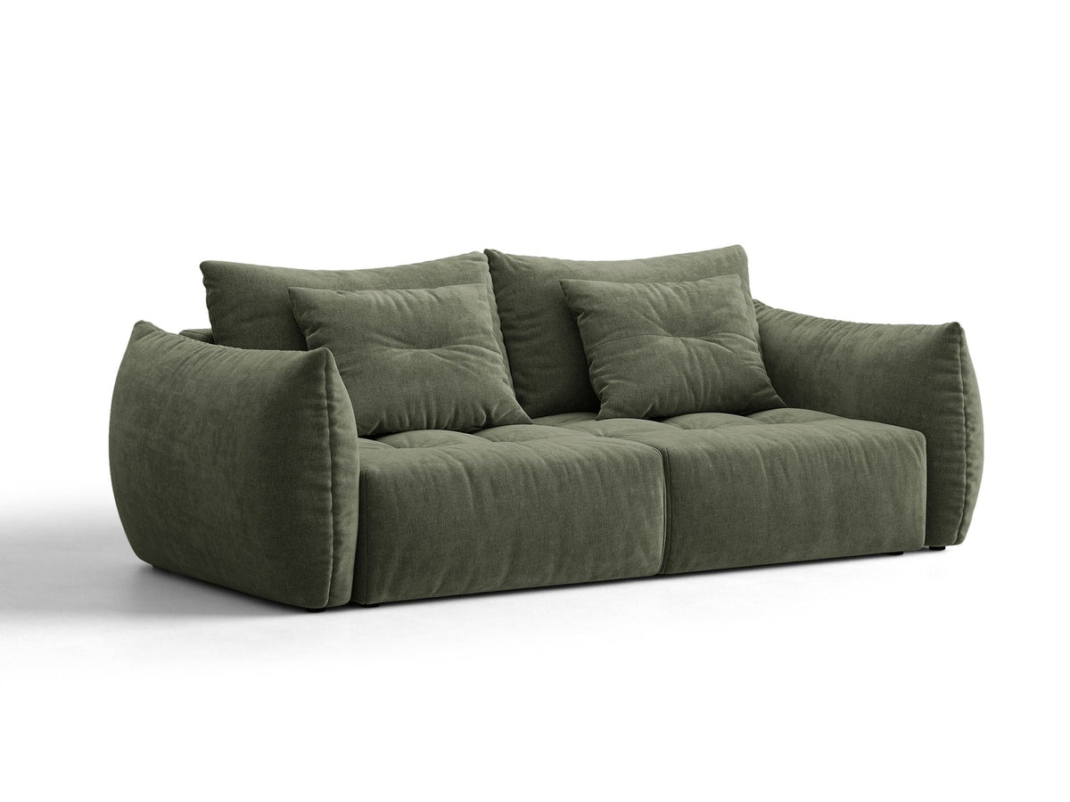 Beiges 3er Sofa Bloom von Micadoni aus samtigem Casino-Stoff mit schwarzen Kunststoffbeinen, ausklappbarer Bettfunktion und Stauraumfach.
