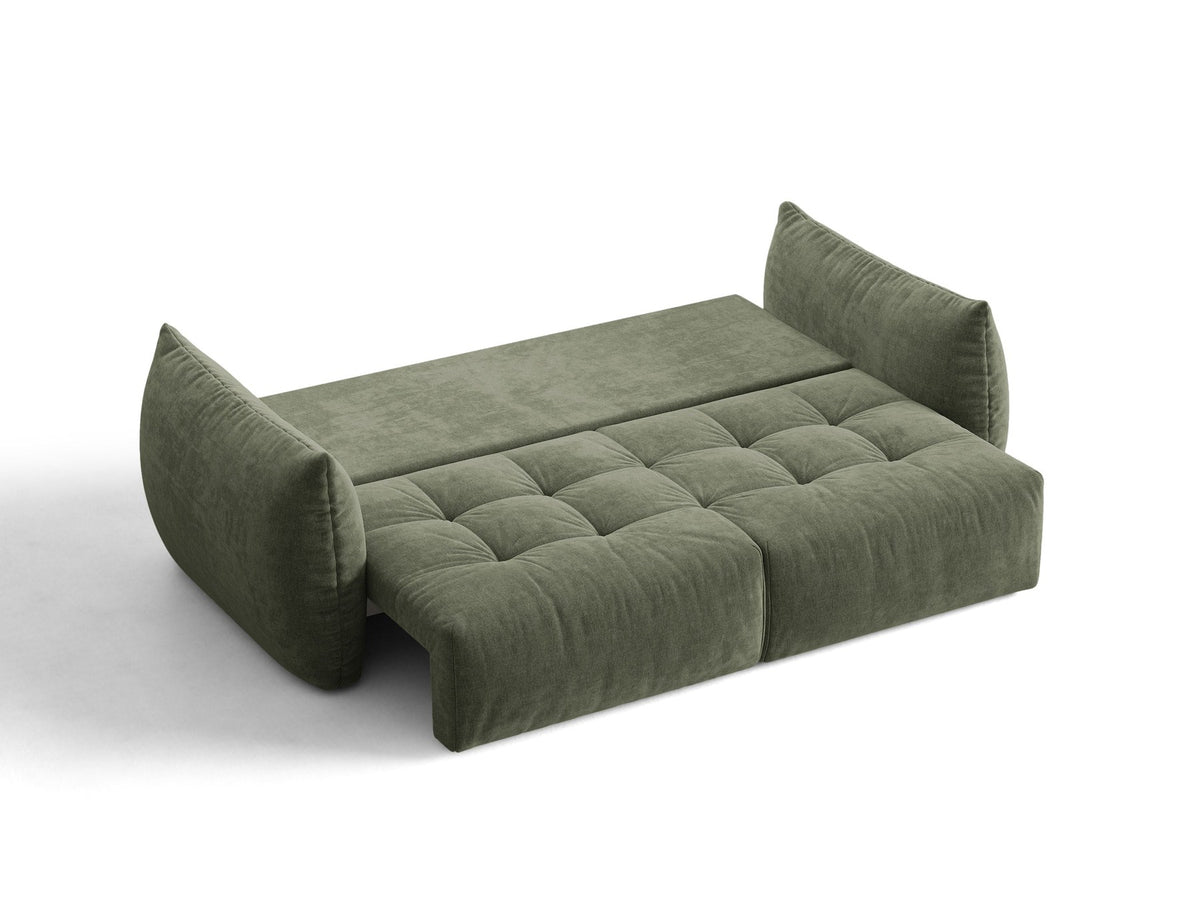 Beiges 3er Sofa Bloom von Micadoni aus samtigem Casino-Stoff mit schwarzen Kunststoffbeinen, ausklappbarer Bettfunktion und Stauraumfach.