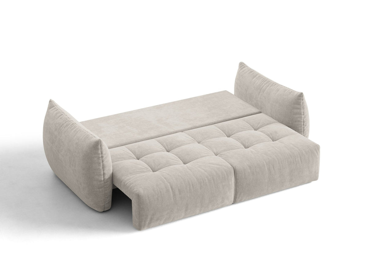 Beiges 3er Sofa Bloom von Micadoni aus samtigem Casino-Stoff mit schwarzen Kunststoffbeinen, ausklappbarer Bettfunktion und Stauraumfach.
