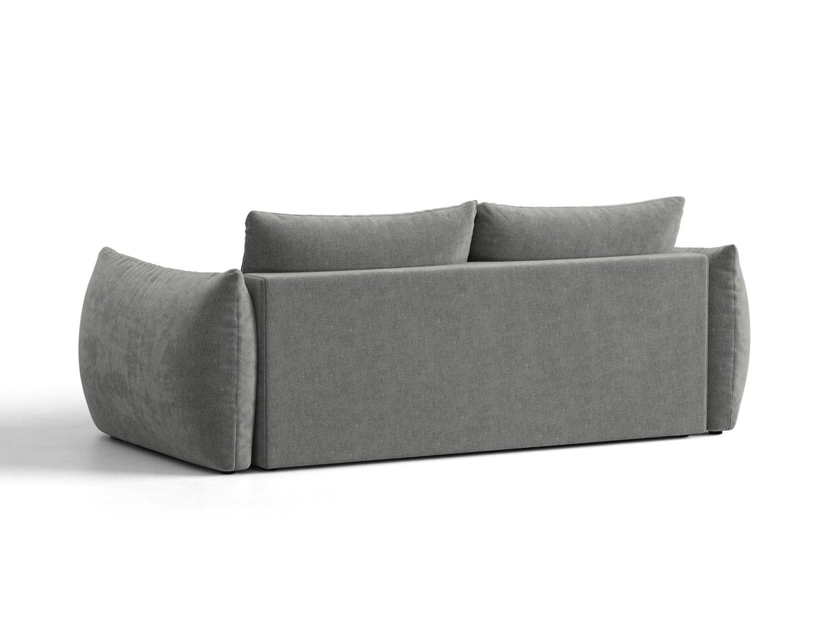 Beiges 3er Sofa Bloom von Micadoni aus samtigem Casino-Stoff mit schwarzen Kunststoffbeinen, ausklappbarer Bettfunktion und Stauraumfach.