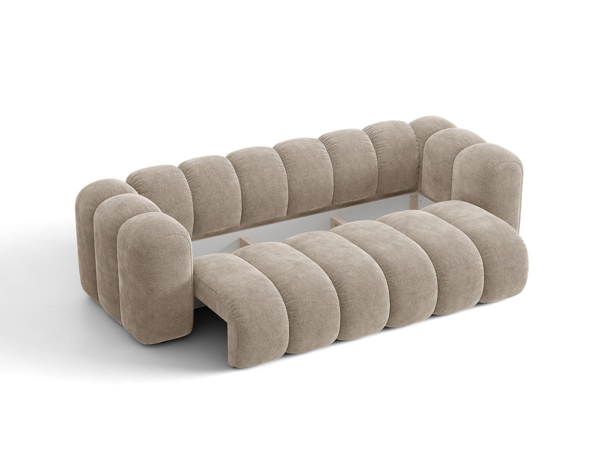 Micadoni Lupine 3er Sofa in leichtem Beige mit Bettfunktion, Stauraum im Bettkasten und schwarzen Kunststoffbeinen, Stoffbezug Eden 2 Pearl