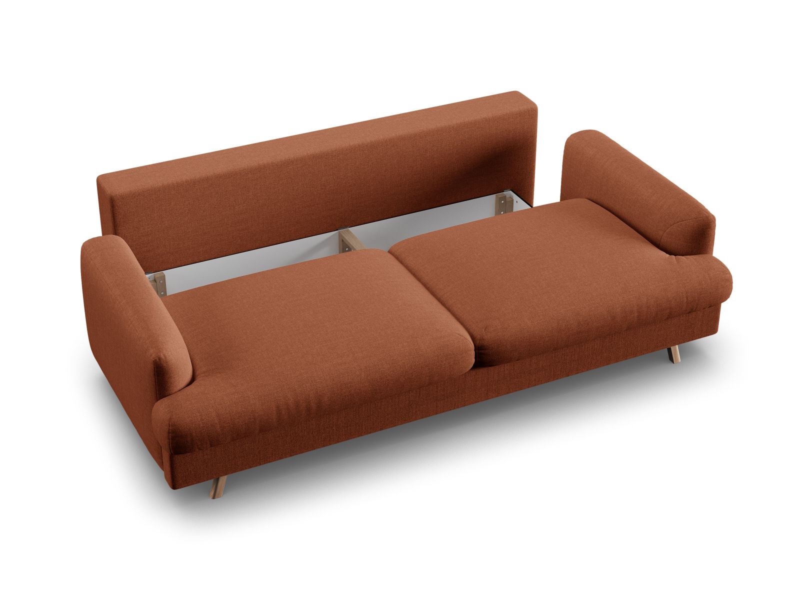 Stylisches 3-Sitzer Sofa Naomi in warmem Ziegelrot, perfekt für kompakte Wohnräume, bietet Schlaffunktion und praktischen Stauraum.