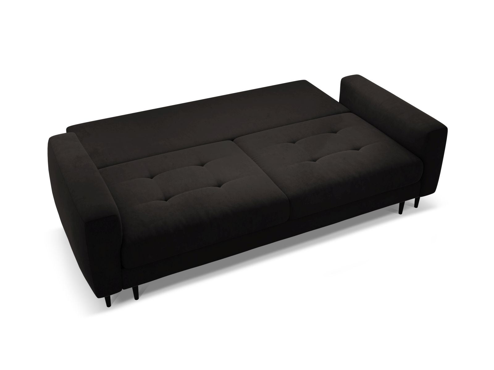 Elegantes 3-Sitzer Bettsofa Bemy in Black-Salvador, ideal für kleine Räume, bietet Schlafgelegenheit und praktischen Stauraum.