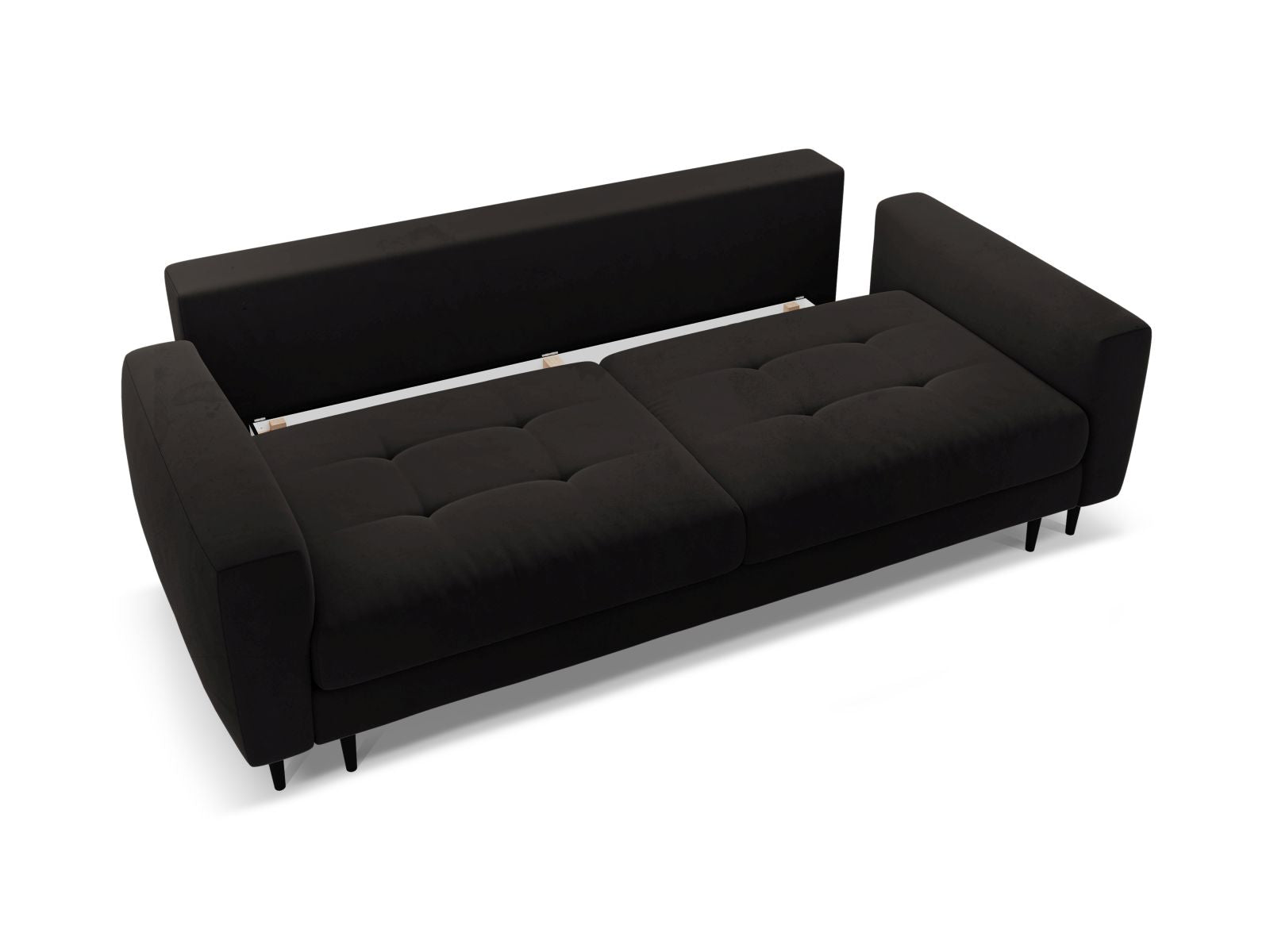 Modernes 3-Sitzer Bettsofa Bemy in elegantem Schwarz, ideal für kleine Räume, bietet Schlafgelegenheit und praktischen Stauraum.