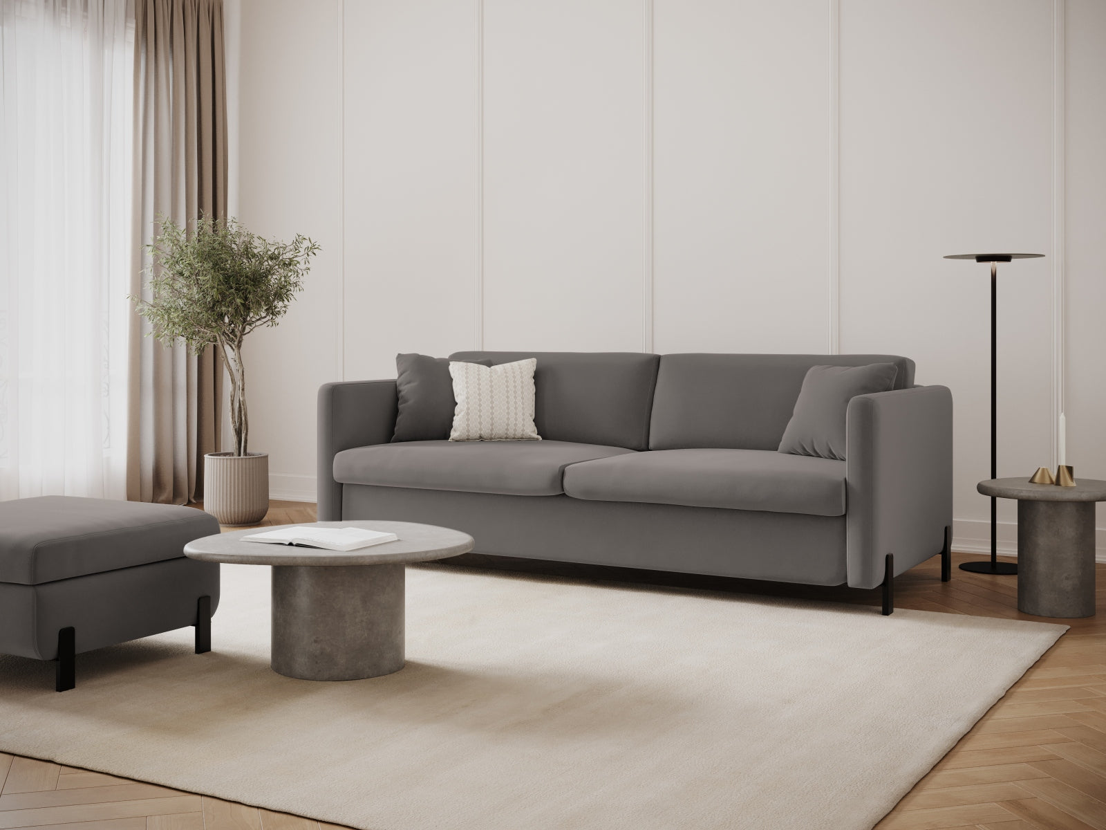 Elegantes 3-Sitzer Sofa "Gloria" in Velours mit Schlaffunktion, ideal für stilvolle Wohnräume und gemütliche Nächte.
