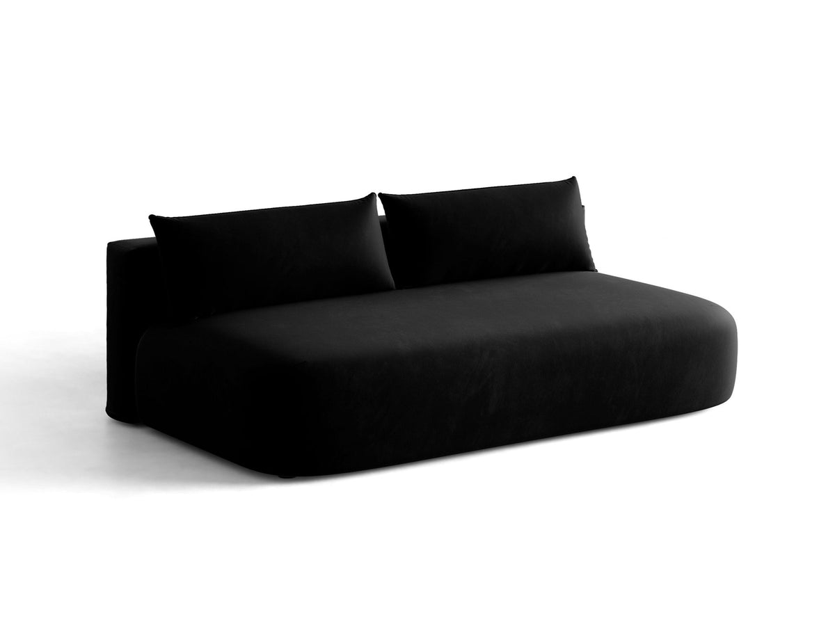 Beiges 3er Sofa Hena von Micadoni mit Chenille-Stoff, abgerundeter Form ohne Armlehnen, Kunststoffbeinen und sichtbarem Bettkasten.