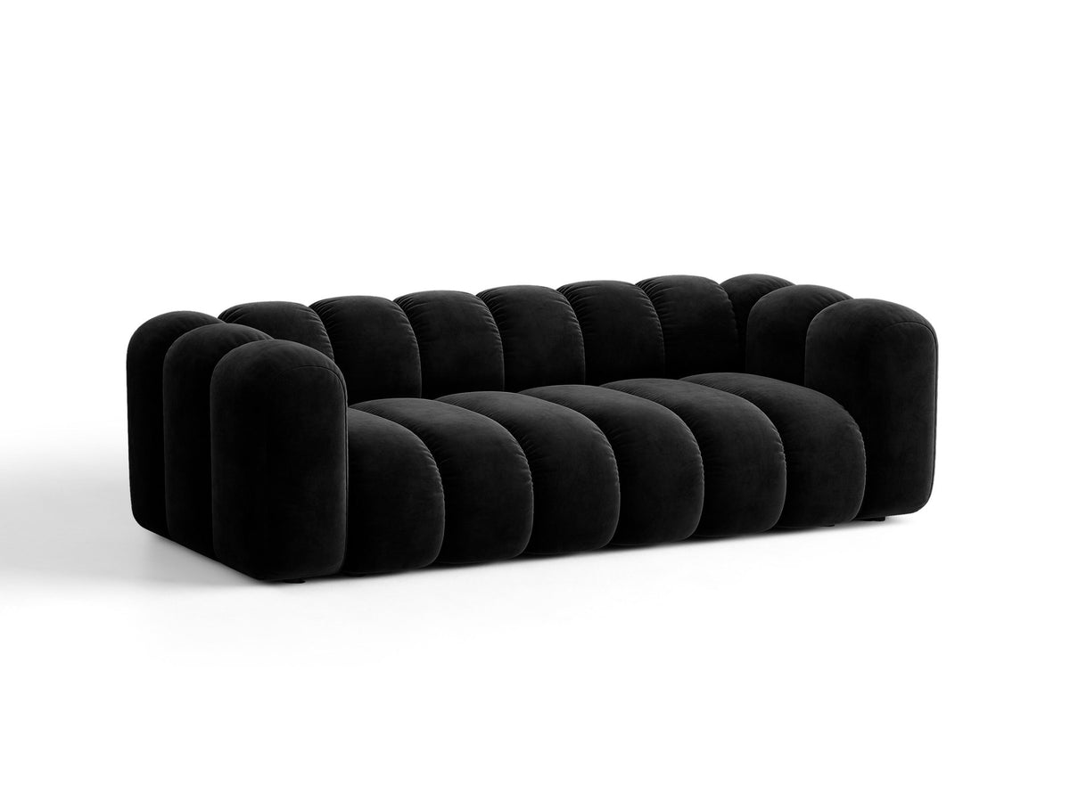 Micadoni Lupine 3er Sofa in leichtem Beige mit Bettfunktion, Stauraum im Bettkasten und schwarzen Kunststoffbeinen, Stoffbezug Eden 2 Pearl