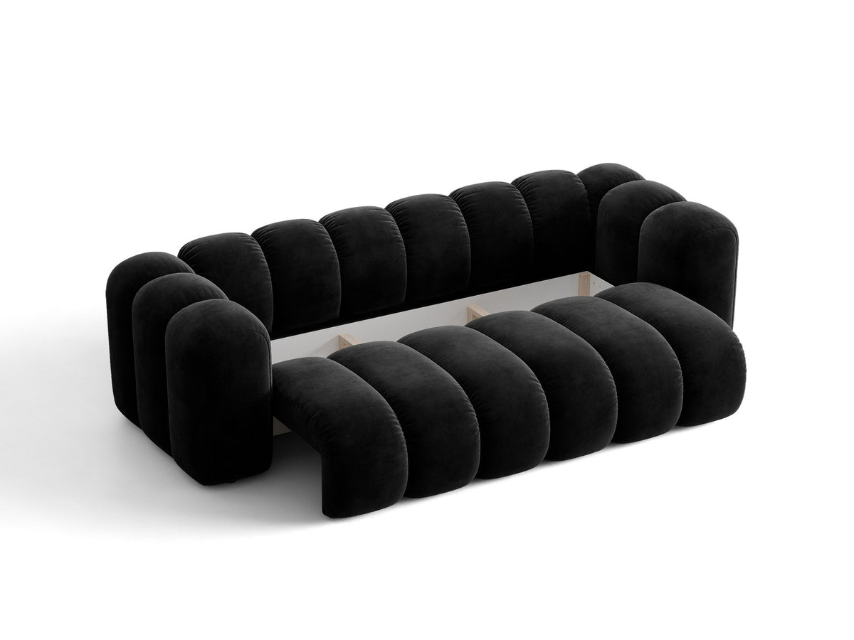 Micadoni Lupine 3er Sofa in leichtem Beige mit Bettfunktion, Stauraum im Bettkasten und schwarzen Kunststoffbeinen, Stoffbezug Eden 2 Pearl