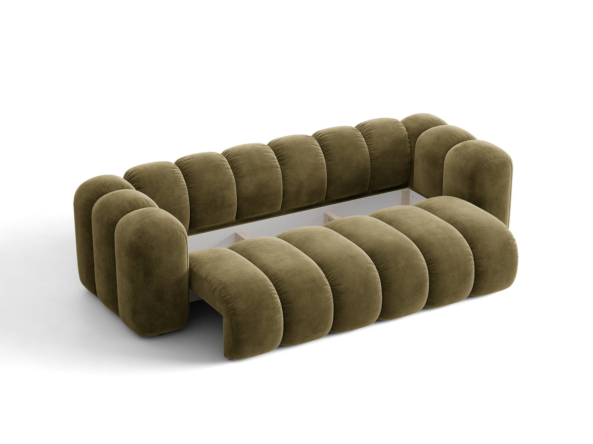 Micadoni Lupine 3er Sofa in leichtem Beige mit Bettfunktion, Stauraum im Bettkasten und schwarzen Kunststoffbeinen, Stoffbezug Eden 2 Pearl