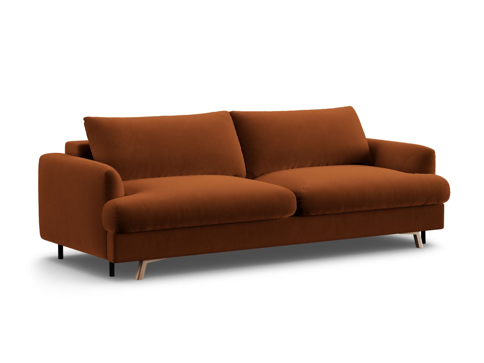 Elegantes 3-Sitzer Sofa Naomi in Terracotta mit praktischer Schlaffunktion und Stauraum, ideal für stilvolle Wohnräume.