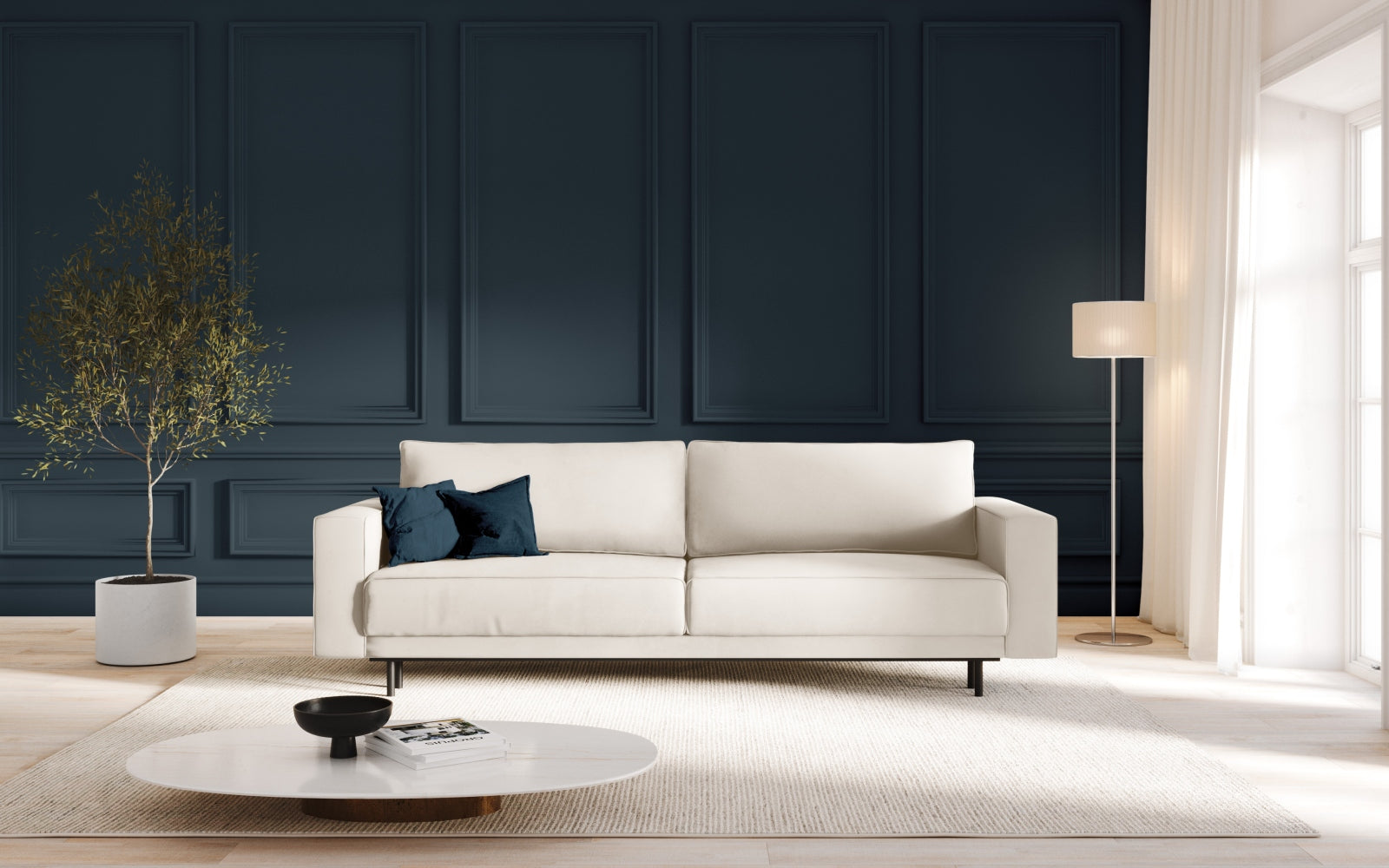 Elegantes Caro Velour Sofa in Light Beige mit Schlaffunktion und Stauraum, ideal für stilvolle Wohnräume und Gästeübernachtungen.